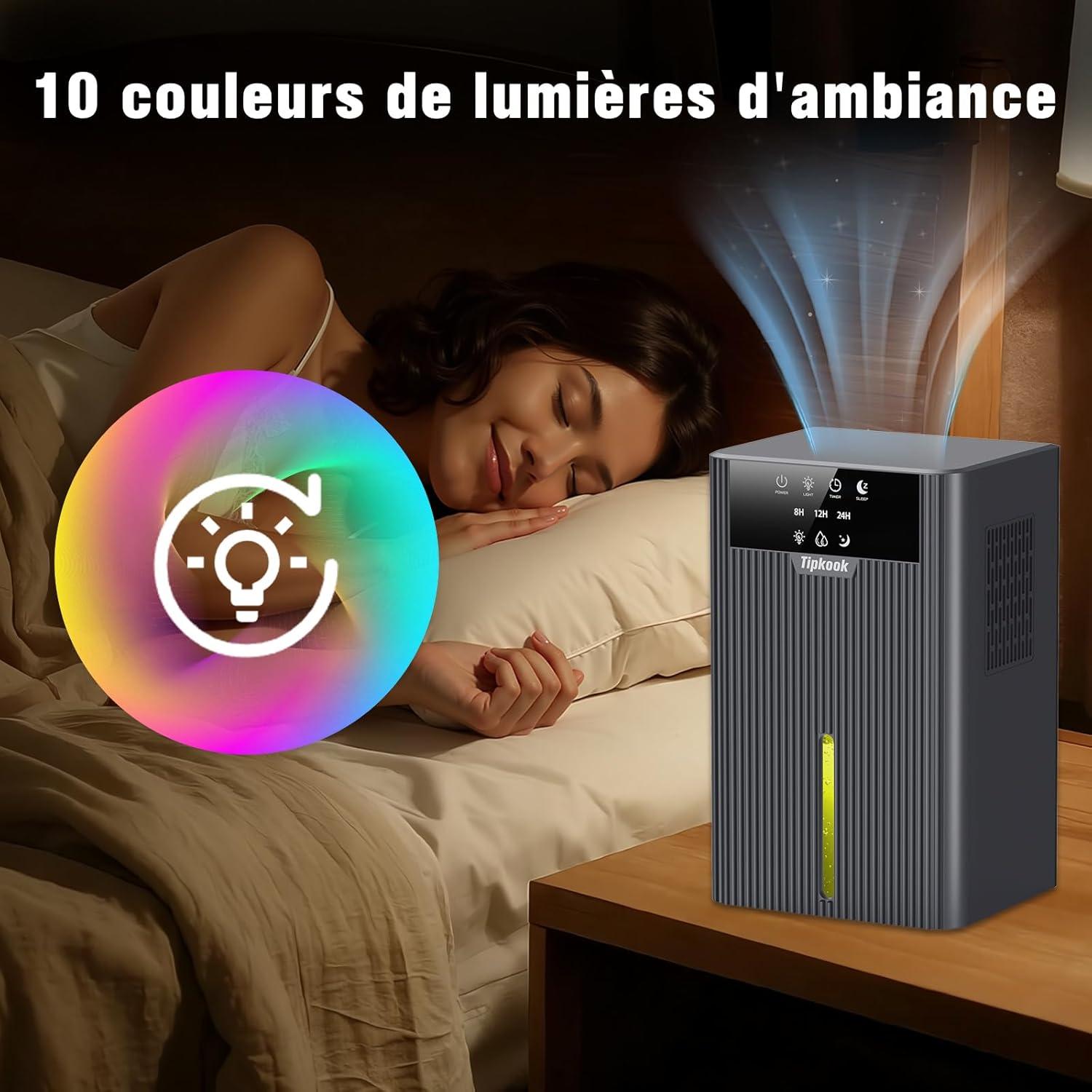 imageDeshumidificateur d Air 2400ML Tipkook Deshumidificateur d Air Anti MoisissureSilencieux Lumire LED 10 Couleurs Grand cranPortableArrt AutomatiqueMinuterie 81224Hpour MaisonChambreArgent