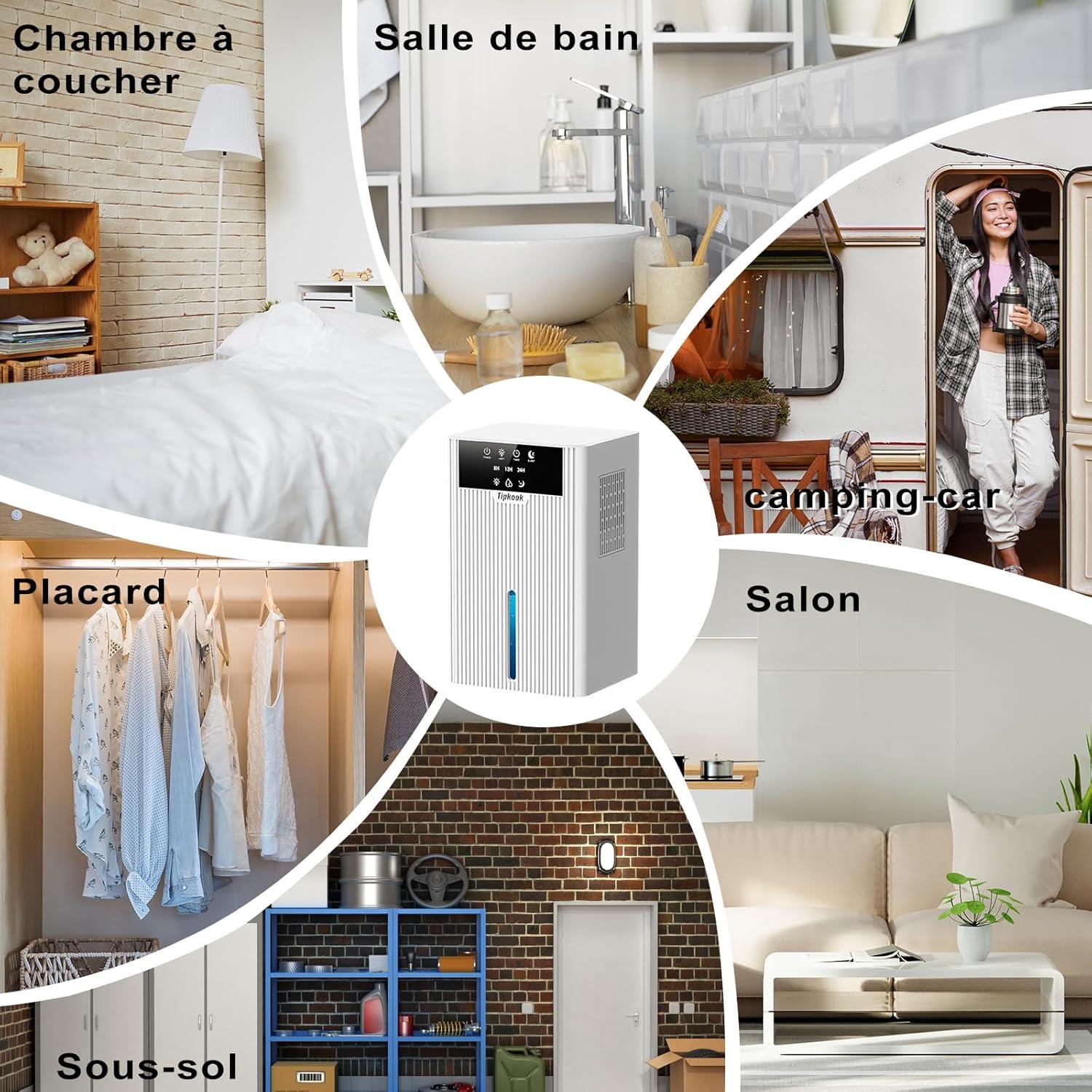 imageDeshumidificateur d Air 2400ML Tipkook Deshumidificateur d Air Anti MoisissureSilencieux Lumire LED 10 Couleurs Grand cranPortableArrt AutomatiqueMinuterie 81224Hpour MaisonChambreBlanc