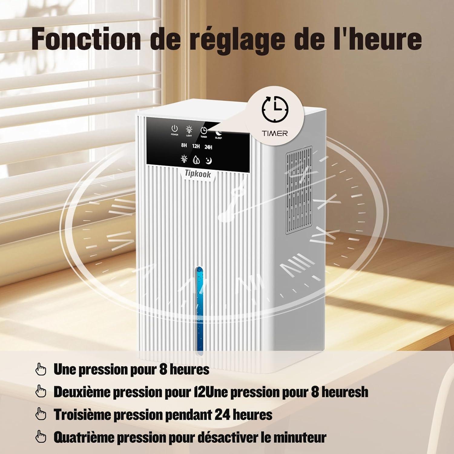 imageDeshumidificateur d Air 2400ML Tipkook Deshumidificateur d Air Anti MoisissureSilencieux Lumire LED 10 Couleurs Grand cranPortableArrt AutomatiqueMinuterie 81224Hpour MaisonChambreBlanc