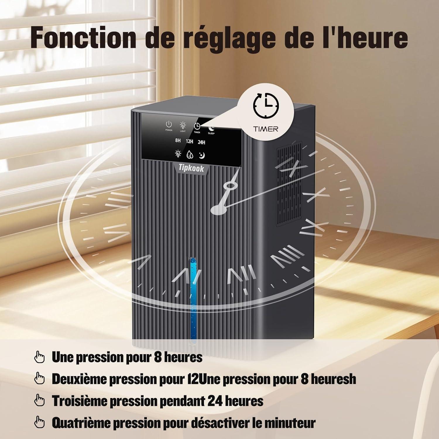 imageDeshumidificateur d Air 2400ML Tipkook Deshumidificateur d Air Anti MoisissureSilencieux Lumire LED 10 Couleurs Grand cranPortableArrt AutomatiqueMinuterie 81224Hpour MaisonChambreArgent