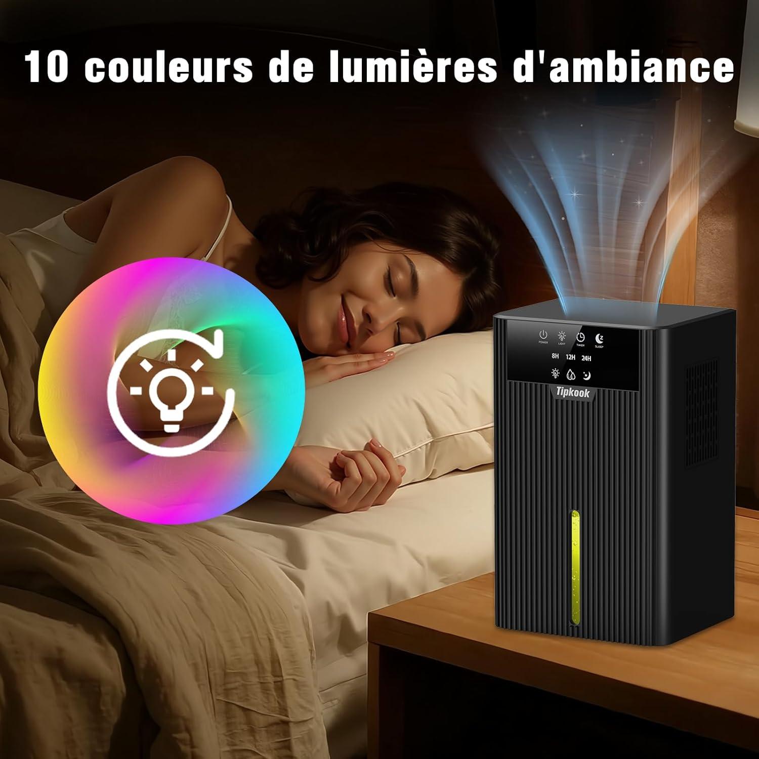 imageDeshumidificateur d Air 2400ML Tipkook Deshumidificateur d Air Anti MoisissureSilencieux Lumire LED 10 Couleurs Grand cranPortableArrt AutomatiqueMinuterie 81224Hpour MaisonChambreNouveau Noir