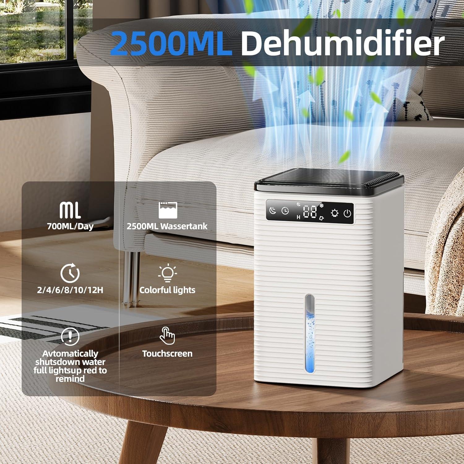 imageDeshumidificateur d Air 25L Dshumidificateur Electrique Compact et Silencieux avec Minuteur 212H Arrt Automatique 7 Couleurs de Lumire Dehumidifier pour Chambre Salle de Bain 700ML24H700ML24H
