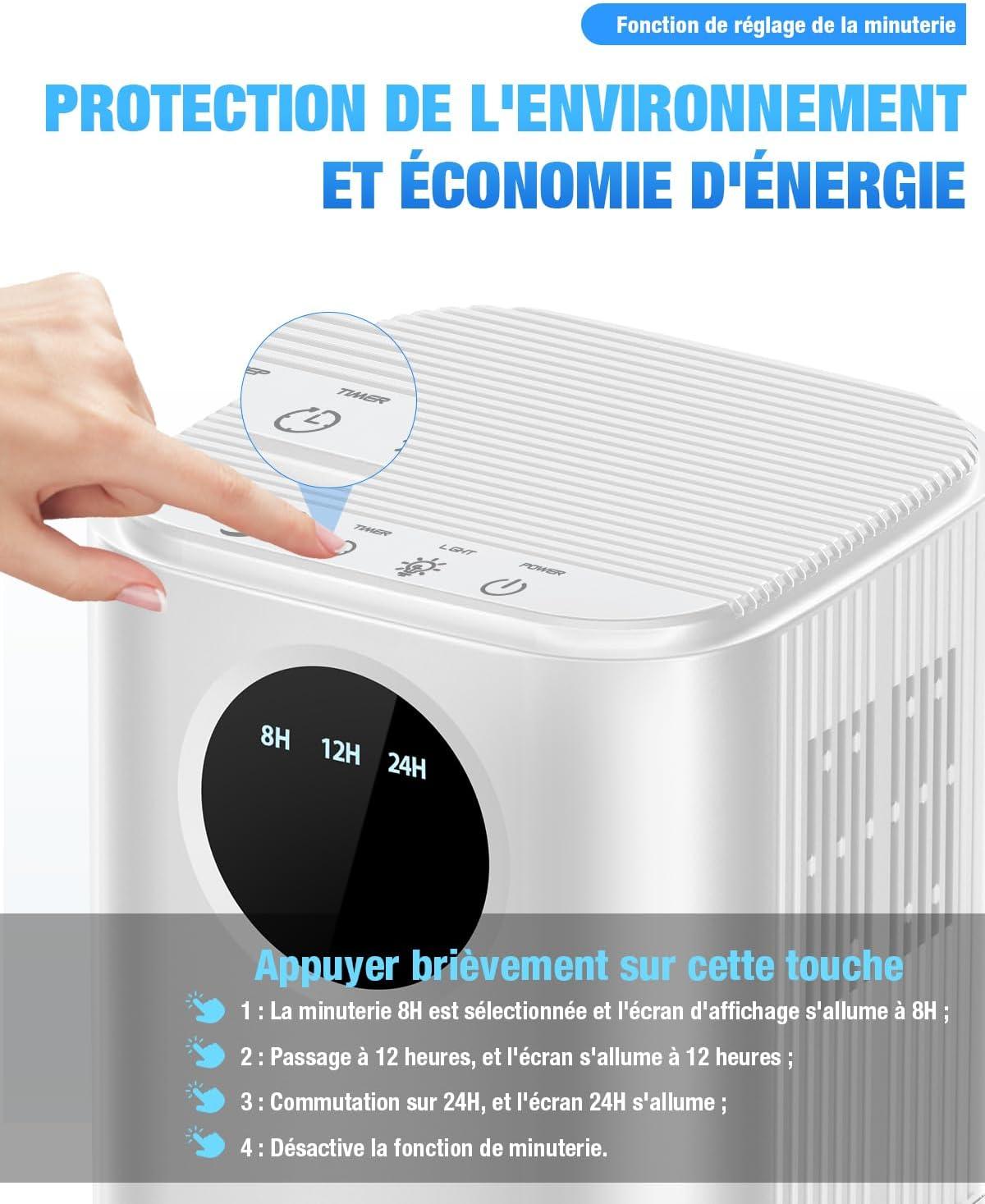 imageDeshumidificateur d air Homtronics Deshumidificateur d Air Anti Moisissure avec Lumire LED 7 Couleurs 1700ml Minuterie 81224HPortableSilencieux pour ChambreMoisissuresBainArmoireBlanc