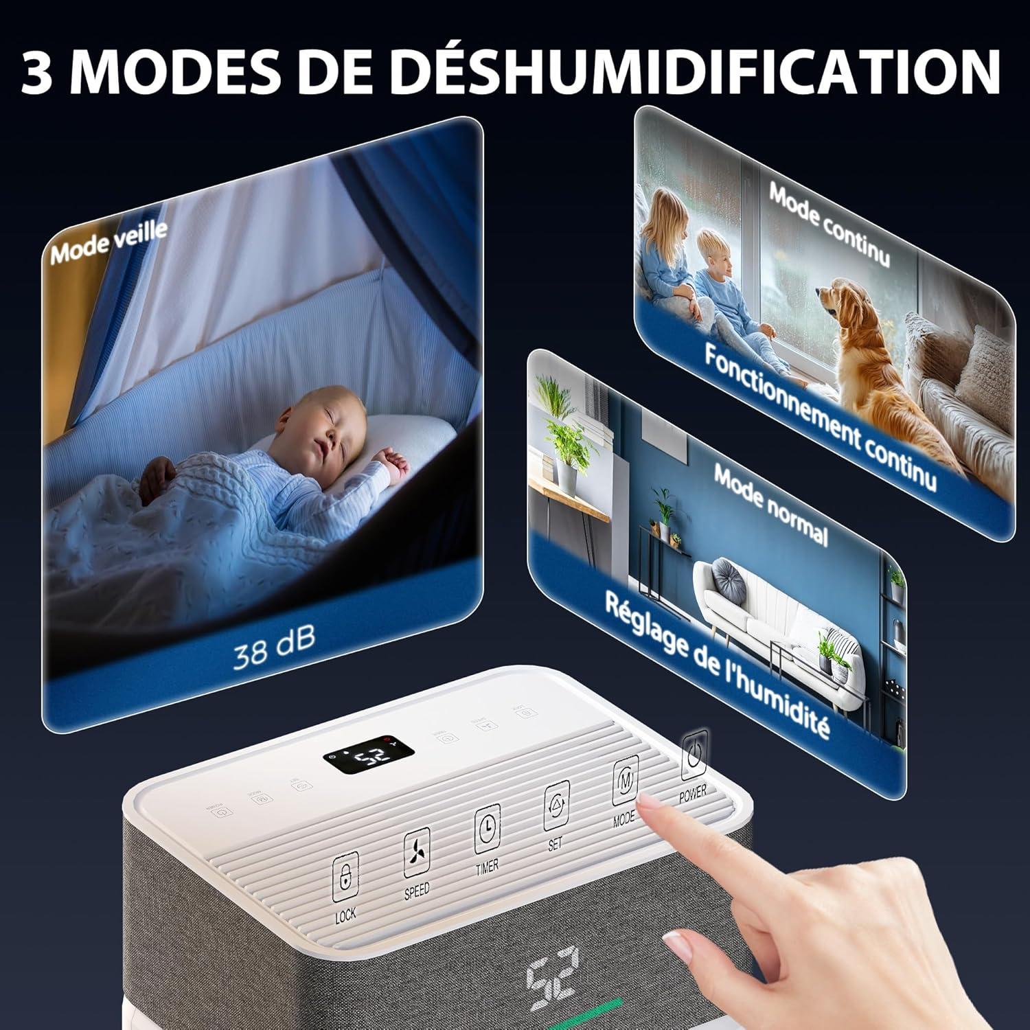 imageHOMCOM Dshumidificateur dair 20 Ljour dshumidificateur silencieux drainage continu rservoir deau 45 L minuterie 24 h cran LED tmoin dhumidit antimoisissure schage du linge blanc