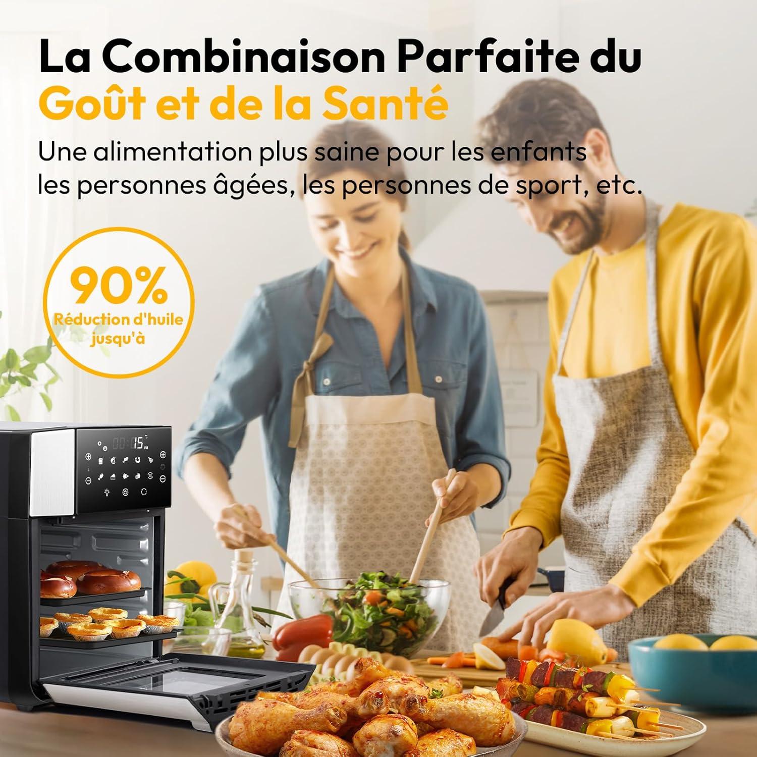 image15L Friteuse Air Chaud 90 dhuile en Moins AirFryer XXL 10 en 1 Programmes Friteuse sans Huile Mini Four lectrique avec 7 Accessoires Chaleur Tournante cran Tactile 1800WNoir Argent