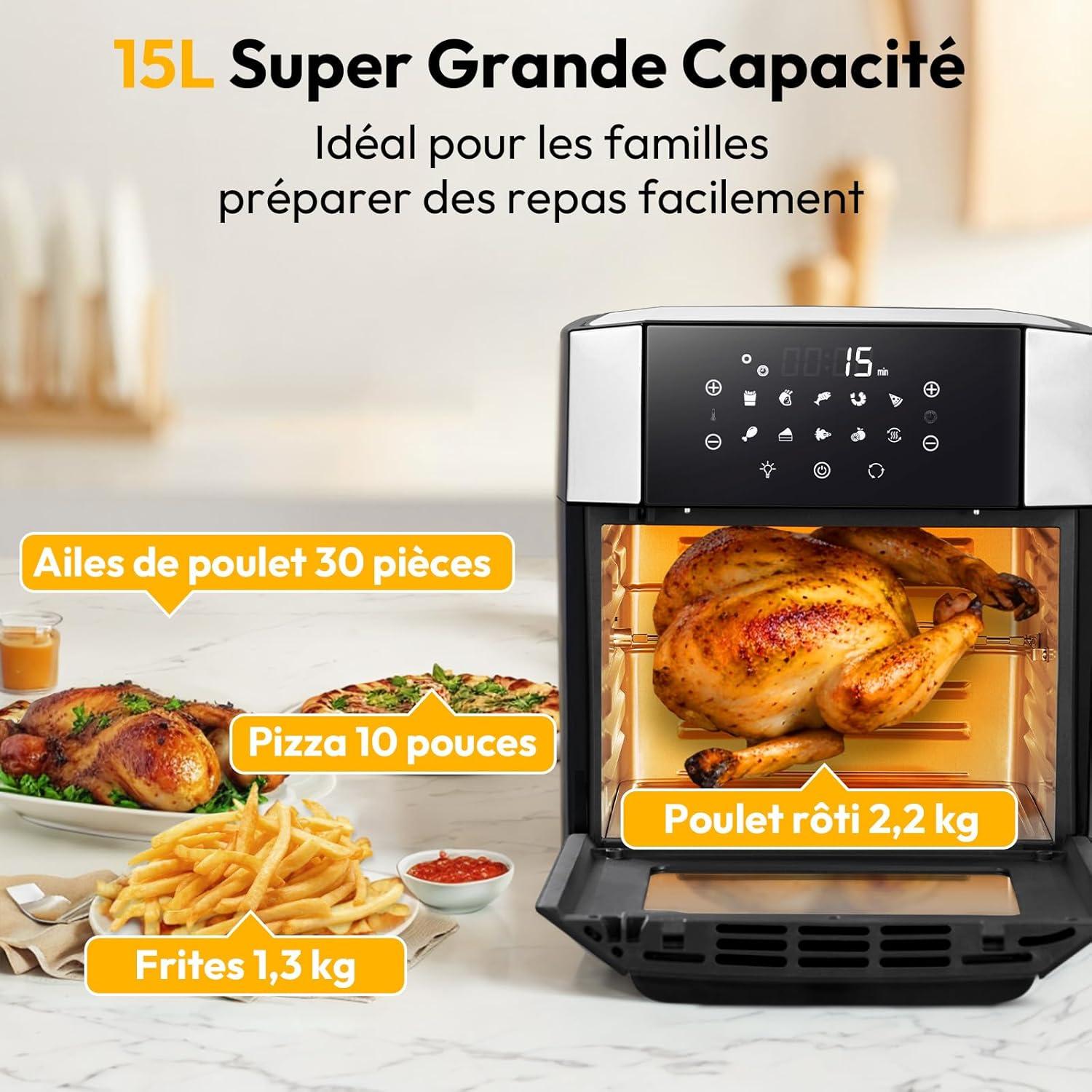 image15L Friteuse Air Chaud 90 dhuile en Moins AirFryer XXL 10 en 1 Programmes Friteuse sans Huile Mini Four lectrique avec 7 Accessoires Chaleur Tournante cran Tactile 1800WNoir Argent