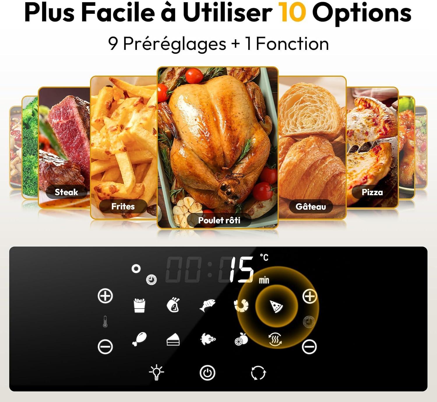 image15L Friteuse Air Chaud 90 dhuile en Moins AirFryer XXL 10 en 1 Programmes Friteuse sans Huile Mini Four lectrique avec 7 Accessoires Chaleur Tournante cran Tactile 1800WNoir Argent