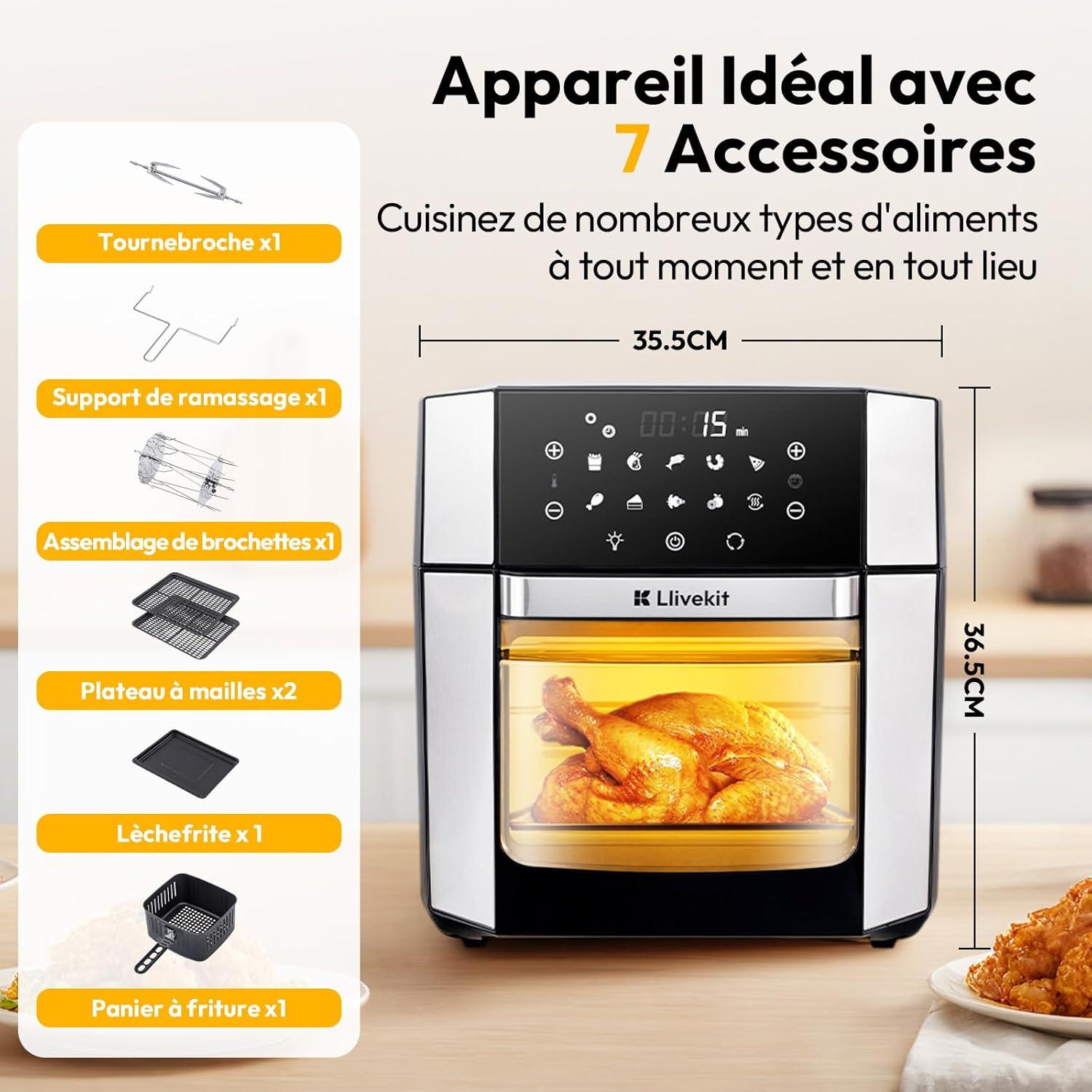 image15L Friteuse Air Chaud 90 dhuile en Moins AirFryer XXL 10 en 1 Programmes Friteuse sans Huile Mini Four lectrique avec 7 Accessoires Chaleur Tournante cran Tactile 1800WNoir Argent