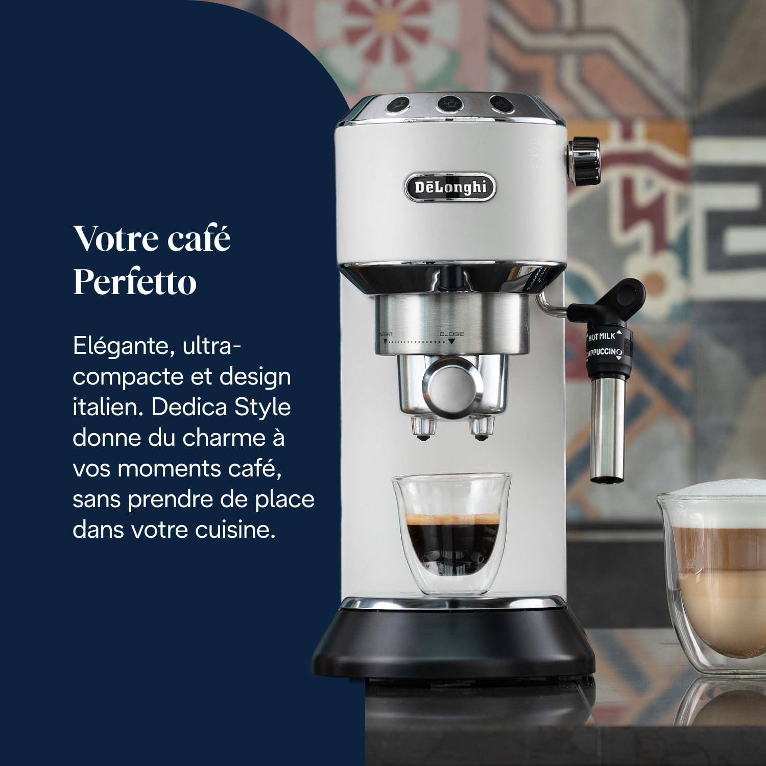 imageDeLonghi Dedica Style EC685M Machine Expresso avec Buse Mousse de Lait Professionnelle Seulement 15 cm de Large Rservoir de 1 L Botier en Mtal Compatible avec les Dosettes ESE MtalBlanc