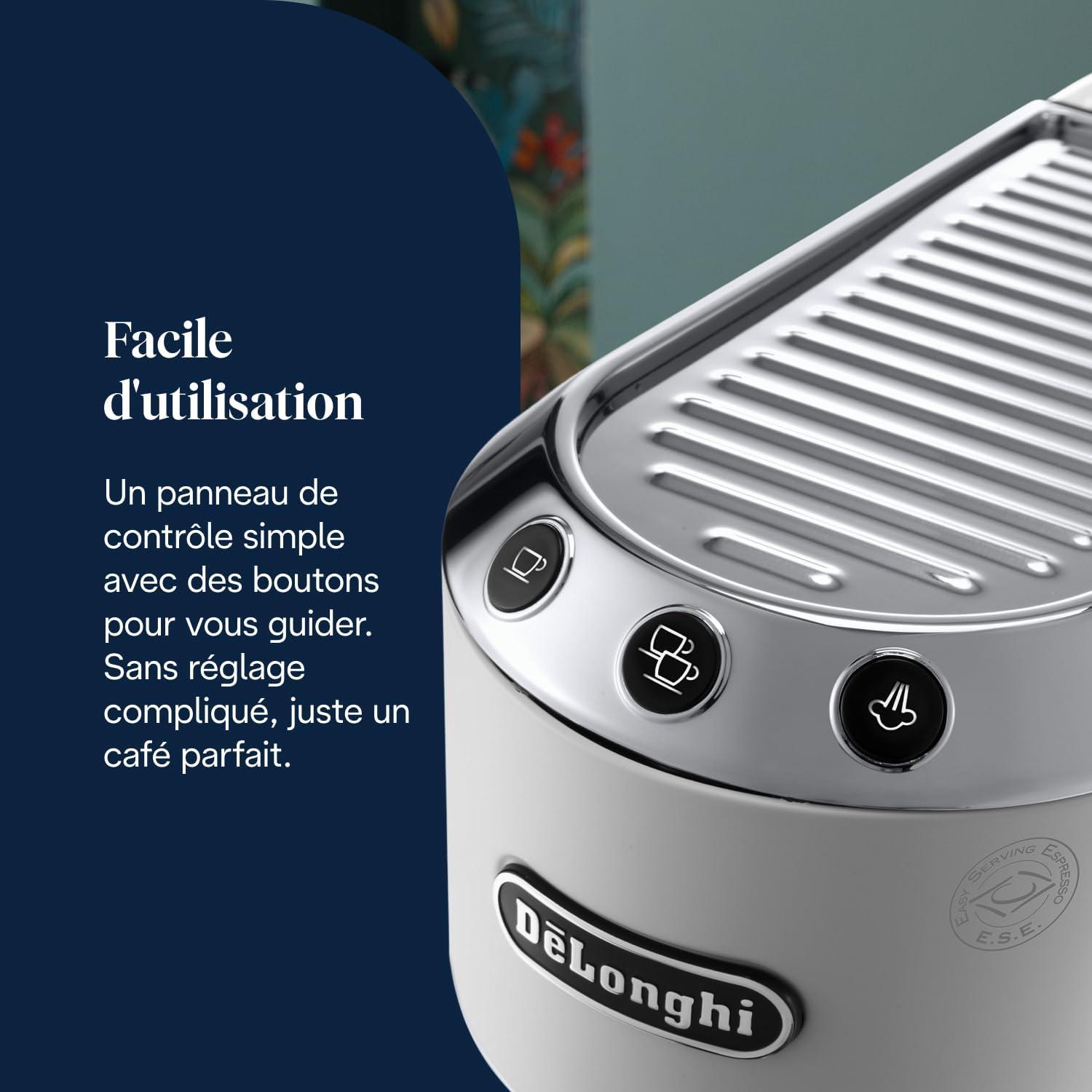 imageDeLonghi Dedica Style EC685M Machine Expresso avec Buse Mousse de Lait Professionnelle Seulement 15 cm de Large Rservoir de 1 L Botier en Mtal Compatible avec les Dosettes ESE MtalBlanc