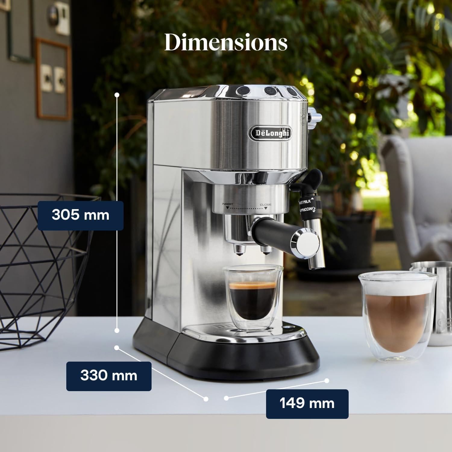 imageDeLonghi Dedica Style EC685M Machine Expresso avec Buse Mousse de Lait Professionnelle Seulement 15 cm de Large Rservoir de 1 L Botier en Mtal Compatible avec les Dosettes ESE MtalMtallique