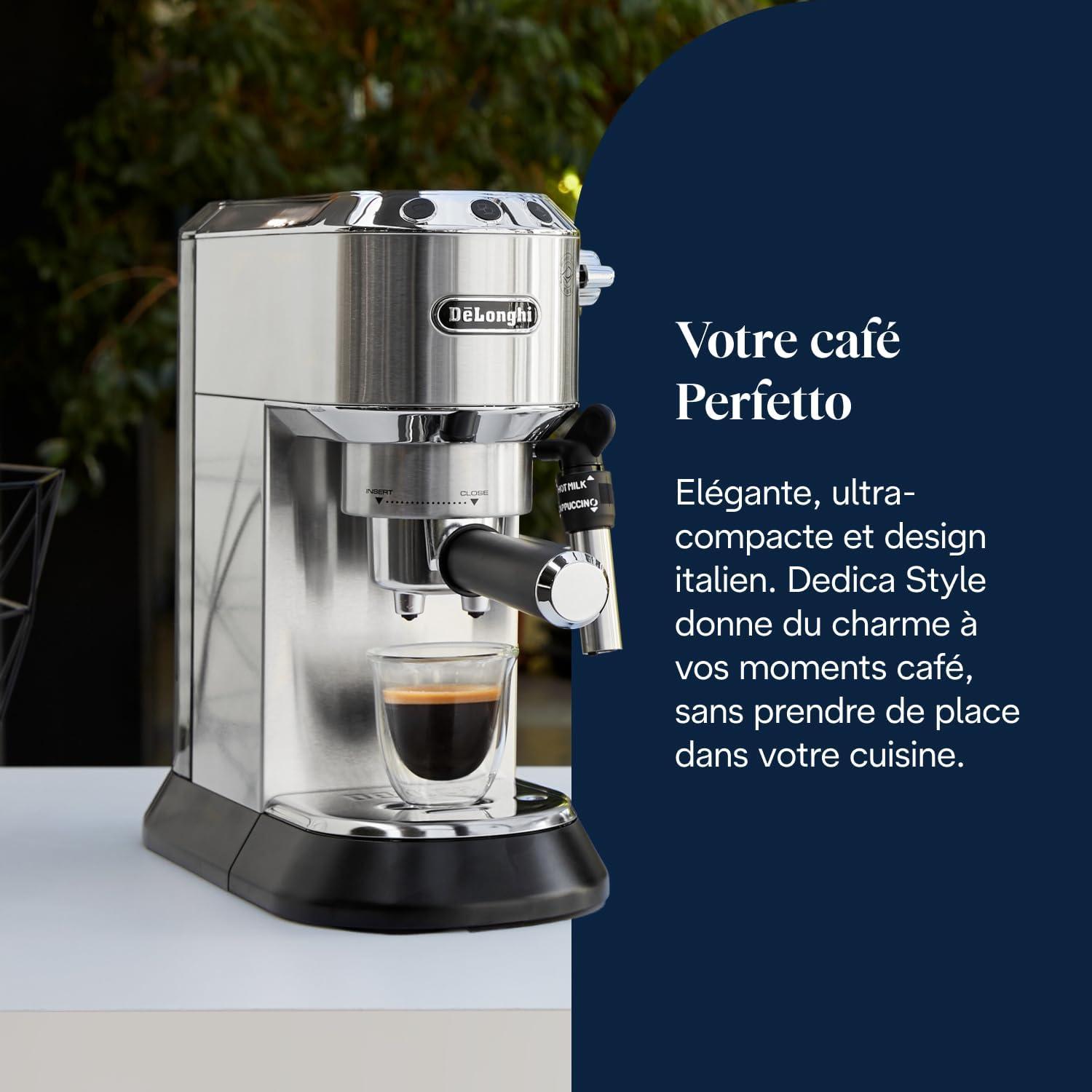 imageDeLonghi Dedica Style EC685M Machine Expresso avec Buse Mousse de Lait Professionnelle Seulement 15 cm de Large Rservoir de 1 L Botier en Mtal Compatible avec les Dosettes ESE MtalMtallique