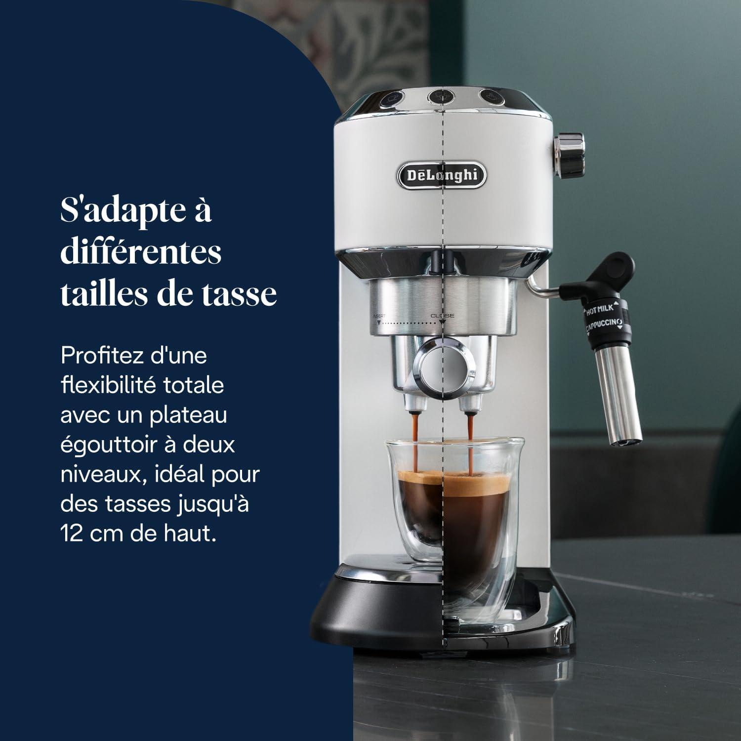imageDeLonghi Dedica Style EC685M Machine Expresso avec Buse Mousse de Lait Professionnelle Seulement 15 cm de Large Rservoir de 1 L Botier en Mtal Compatible avec les Dosettes ESE MtalBlanc