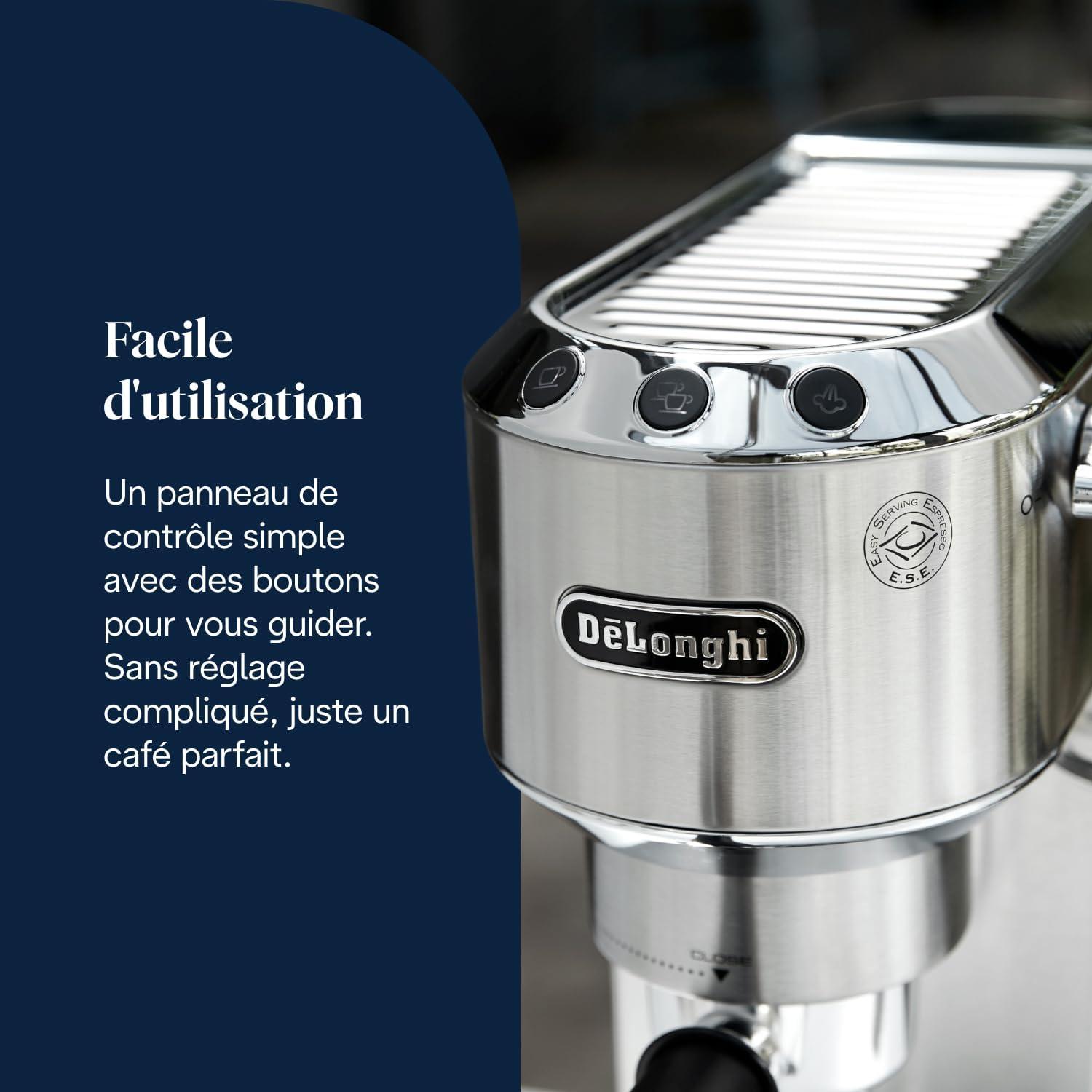 imageDeLonghi Dedica Style EC685M Machine Expresso avec Buse Mousse de Lait Professionnelle Seulement 15 cm de Large Rservoir de 1 L Botier en Mtal Compatible avec les Dosettes ESE MtalMtallique