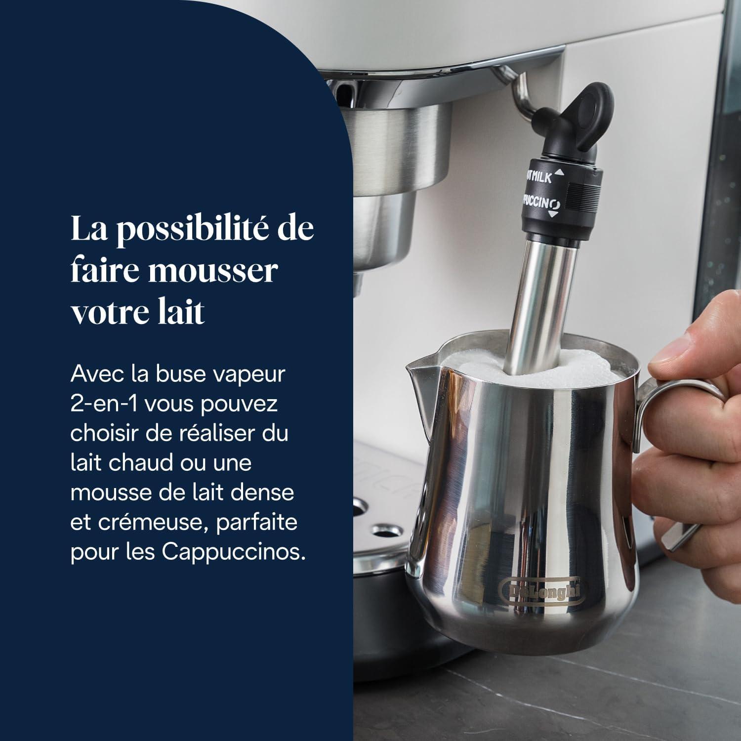 imageDeLonghi Dedica Style EC685M Machine Expresso avec Buse Mousse de Lait Professionnelle Seulement 15 cm de Large Rservoir de 1 L Botier en Mtal Compatible avec les Dosettes ESE MtalBlanc