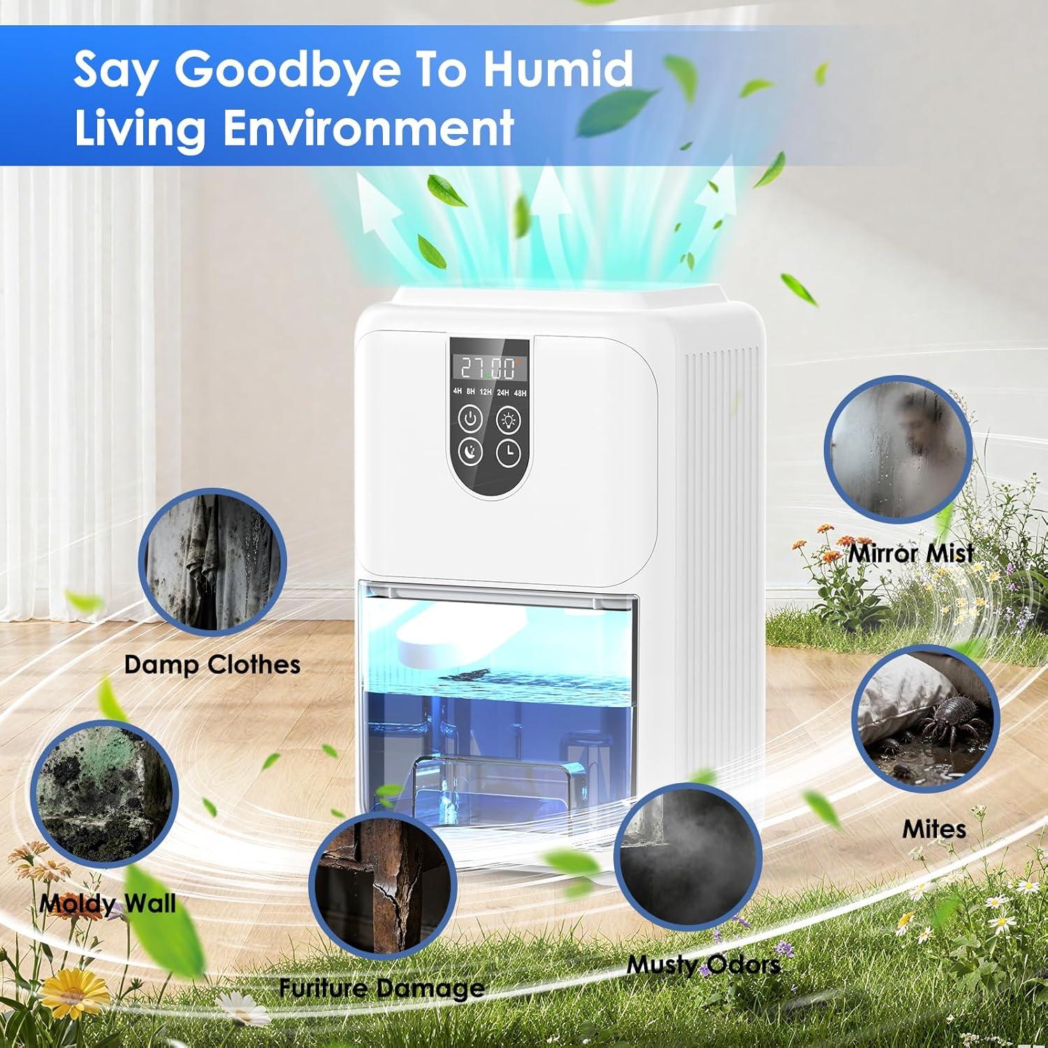 imageDeshumidificateur d Air 2000ML Dshumidificateur Electrique Silencieux avec Fonction Dgivrage Mode veille clairage 7 Couleurs et Minuterie 448H Pour Chambre Maison Salle de Bain 600ML24H600ML24H