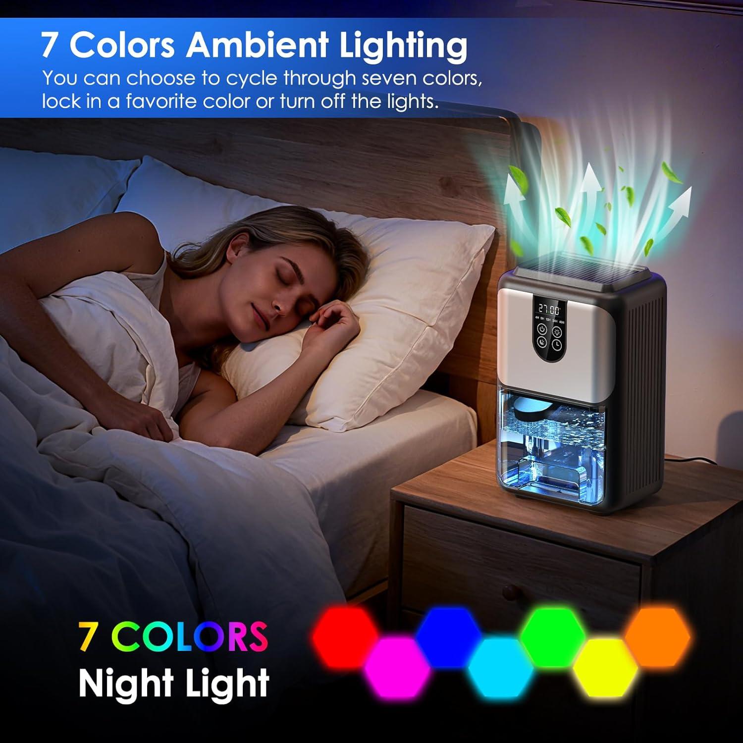 imageDeshumidificateur d Air 2000ML Dshumidificateur Electrique Silencieux avec Fonction Dgivrage Mode veille clairage 7 Couleurs et Minuterie 448H Pour Chambre Maison Salle de Bain 600ML24H550ML24h