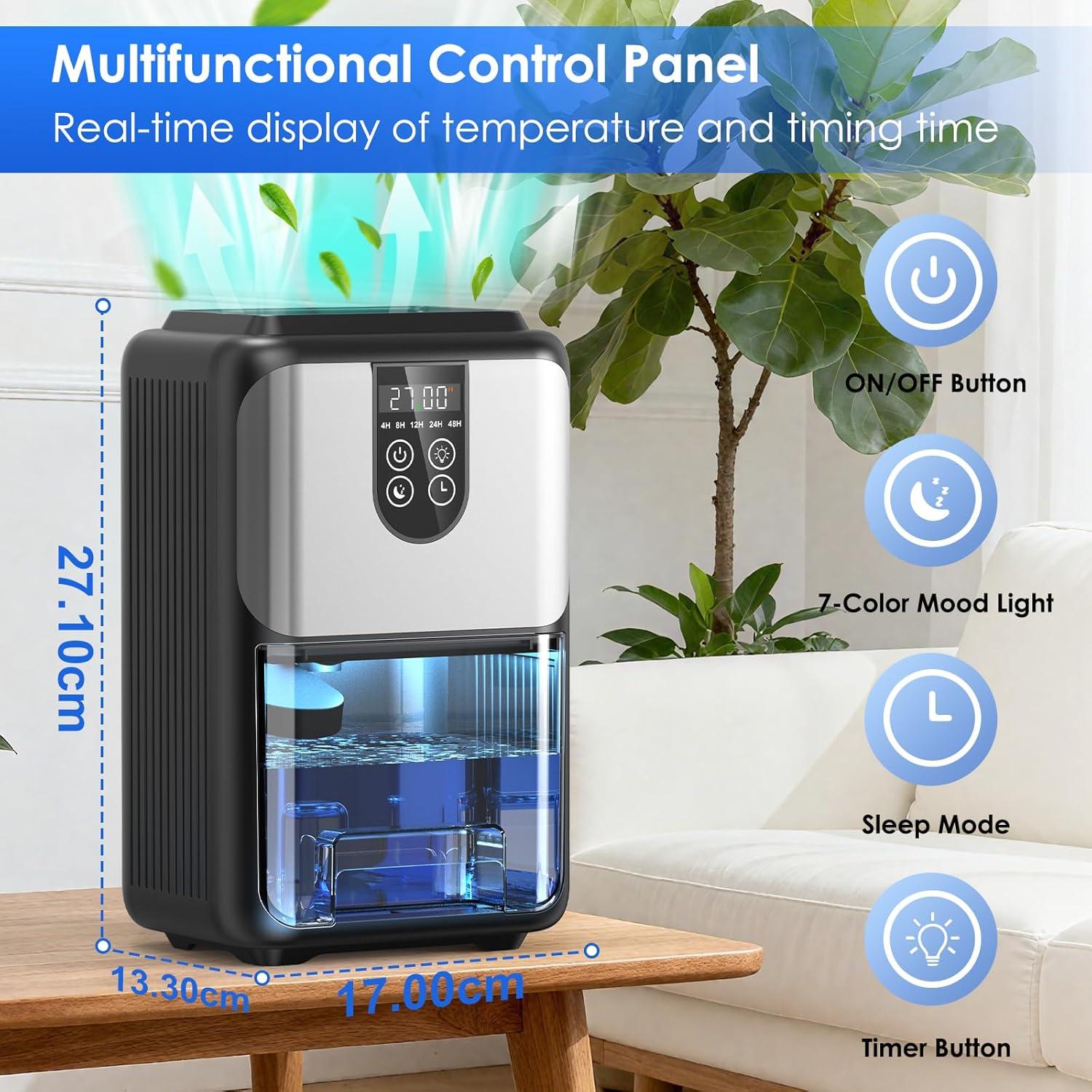 imageDeshumidificateur d Air 2000ML Dshumidificateur Electrique Silencieux avec Fonction Dgivrage Mode veille clairage 7 Couleurs et Minuterie 448H Pour Chambre Maison Salle de Bain 600ML24H550ML24h