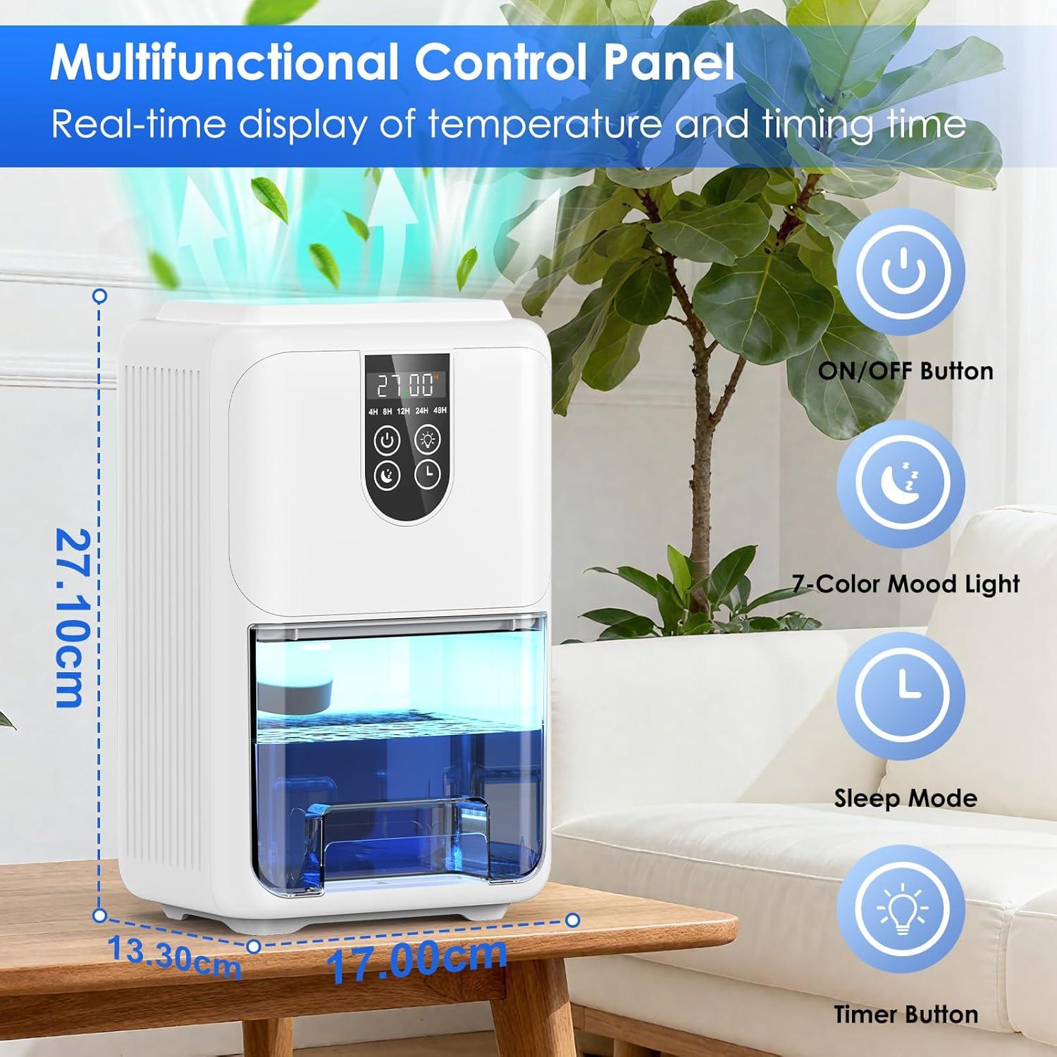 imageDeshumidificateur d Air 2000ML Dshumidificateur Electrique Silencieux avec Fonction Dgivrage Mode veille clairage 7 Couleurs et Minuterie 448H Pour Chambre Maison Salle de Bain 600ML24H600ML24H