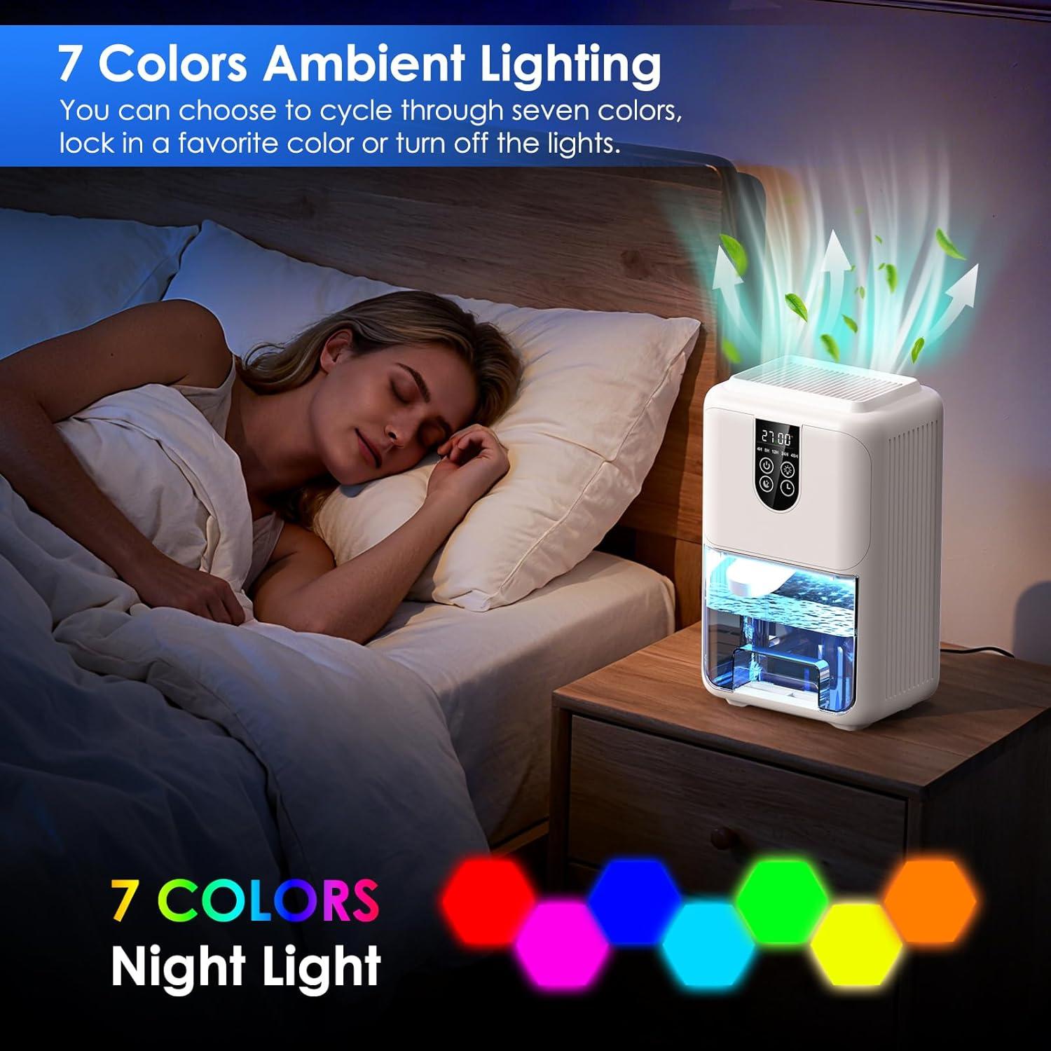 imageDeshumidificateur d Air 2000ML Dshumidificateur Electrique Silencieux avec Fonction Dgivrage Mode veille clairage 7 Couleurs et Minuterie 448H Pour Chambre Maison Salle de Bain 600ML24H600ML24H