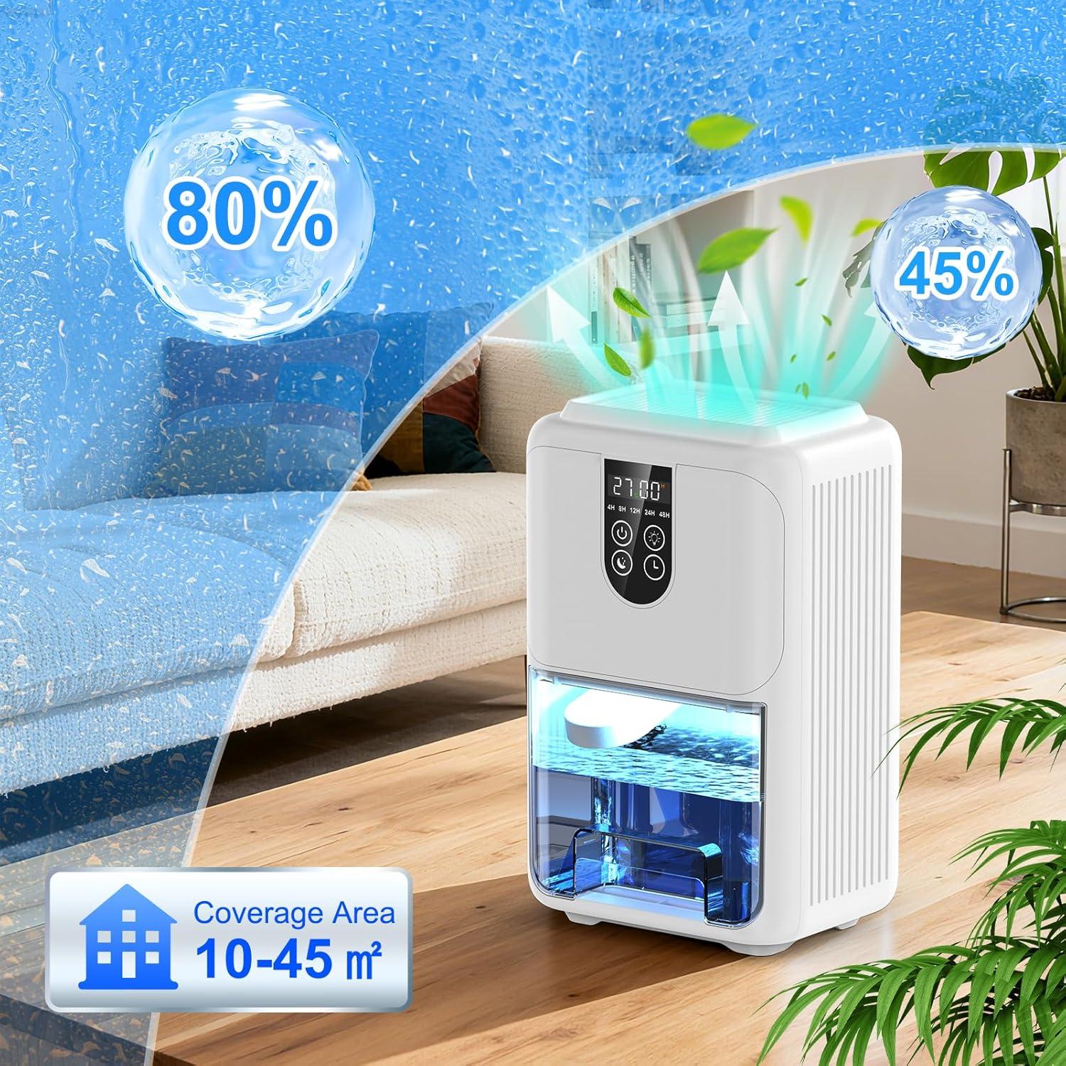 imageDeshumidificateur d Air 2000ML Dshumidificateur Electrique Silencieux avec Fonction Dgivrage Mode veille clairage 7 Couleurs et Minuterie 448H Pour Chambre Maison Salle de Bain 600ML24H575ML24h