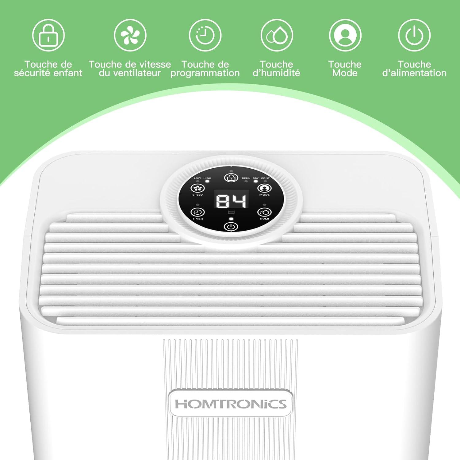 imageDshumidificateur Homtronics Deshumidificateur d air 8L avec Tuyau de VidangeMode IntelligentSecContinu cran LEDDrainage Continu 24H Minuteriepour MaisonSoussolCave