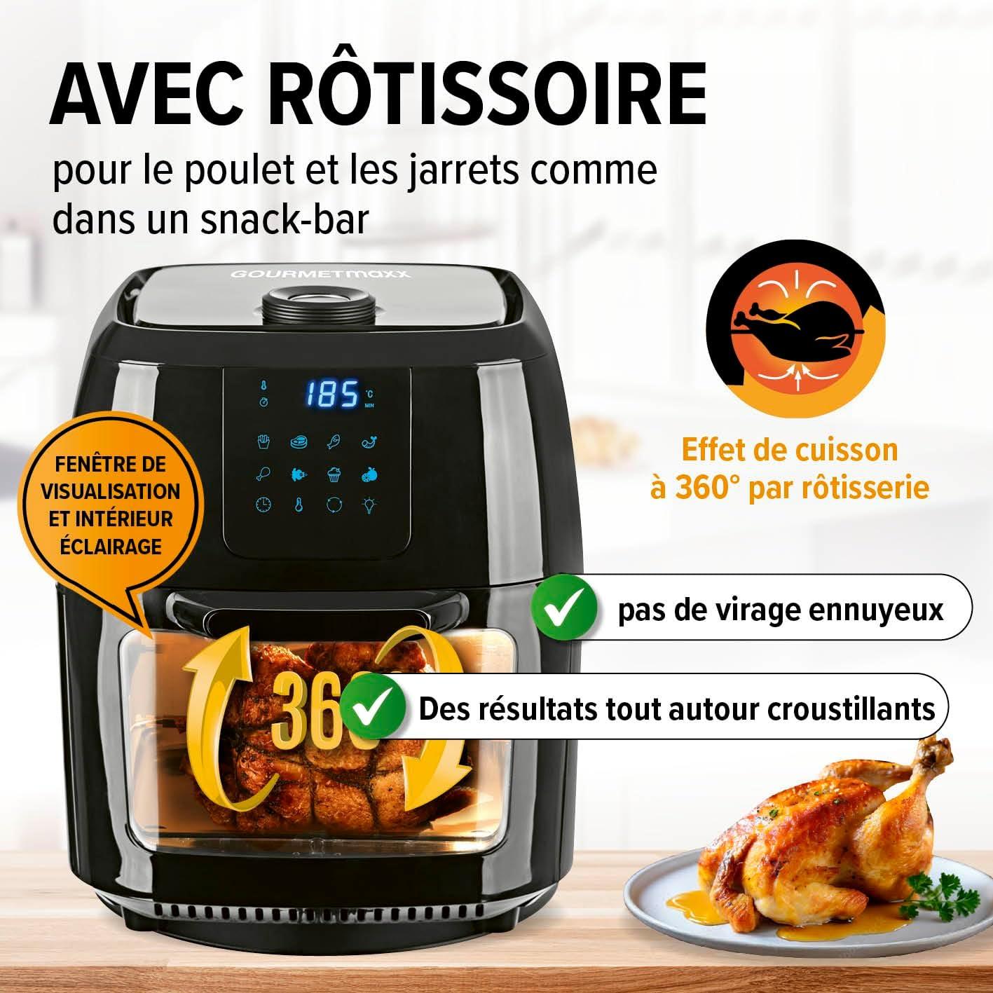 imageGOURMETmaxx Friteuse air chaud 12L Sans huile avec cran tactile minuterie brochettes ampamp fonction rtissoire 10 programmes automatiques Cuisson saine idale pour un poulet entier 1700 W9 Litres