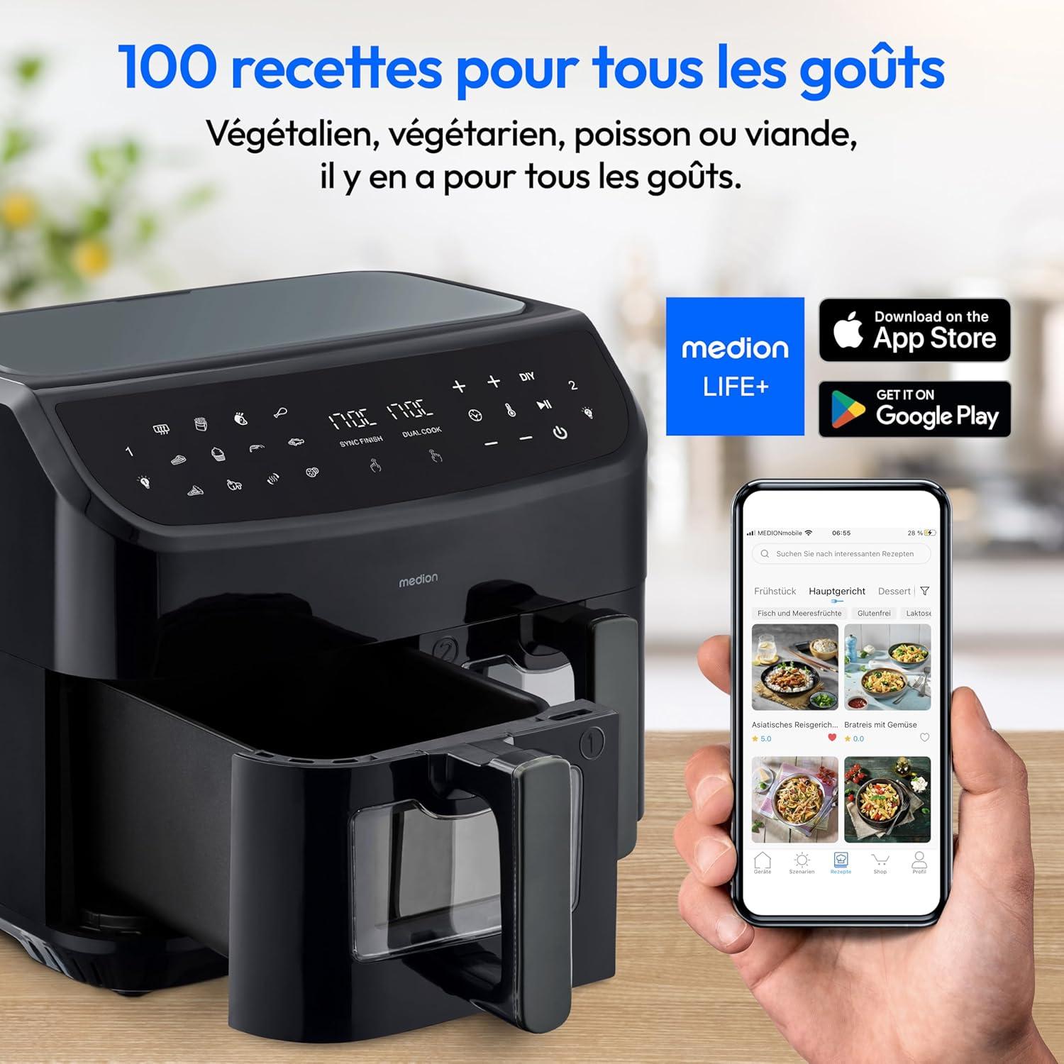 imageMEDION Air Fryer P20 XXL Double Compartiment Fonction dual cook ampamp sync finish fentre visible friteuse sans huile air chaud capacit 87 L XXL 2600 W 9 programmes automatiques MD11760 blancNoir