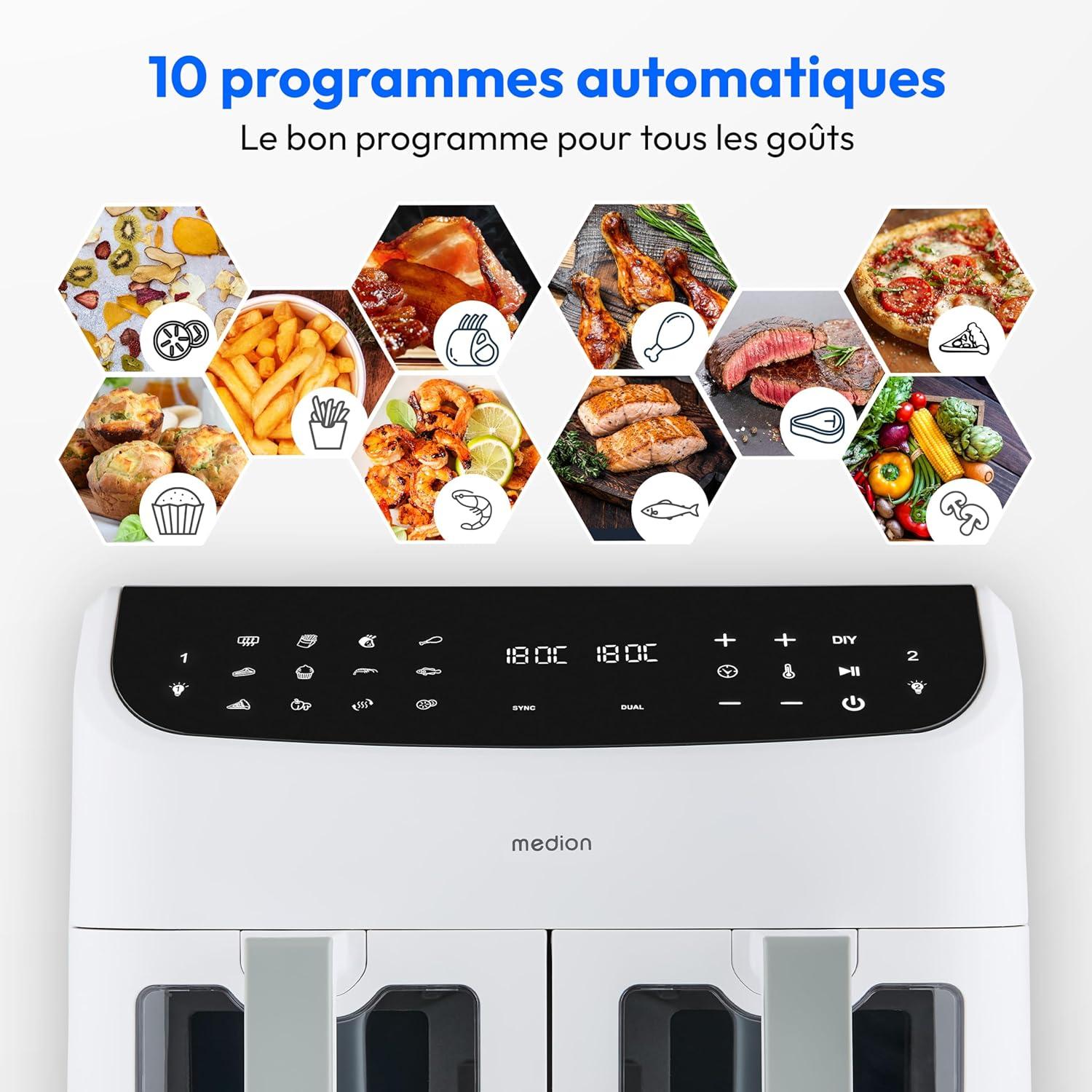 imageMEDION Air Fryer P20 XXL Double Compartiment Fonction dual cook ampamp sync finish fentre visible friteuse sans huile air chaud capacit 87 L XXL 2600 W 9 programmes automatiques MD11760 blancBlanc Mat
