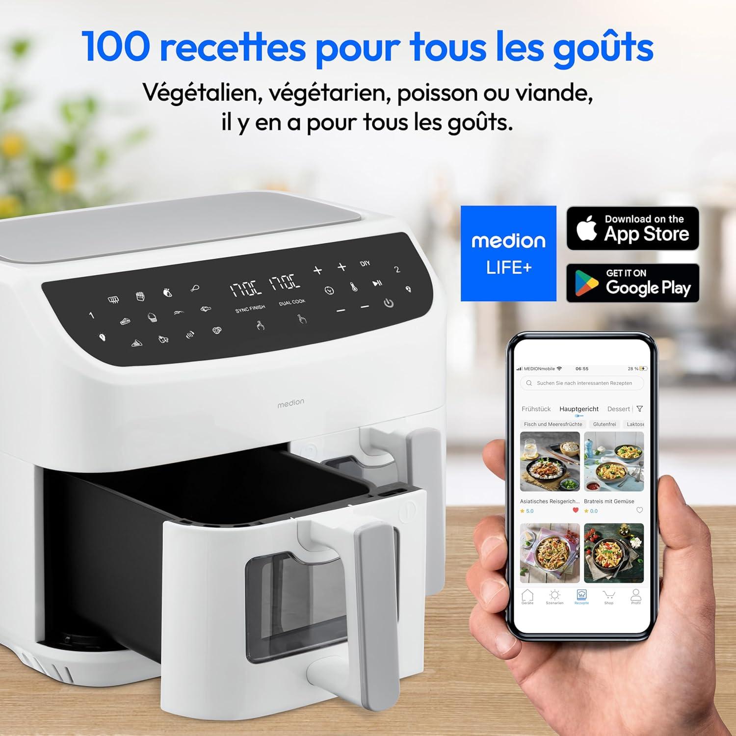 imageMEDION Air Fryer P20 XXL Double Compartiment Fonction dual cook ampamp sync finish fentre visible friteuse sans huile air chaud capacit 87 L XXL 2600 W 9 programmes automatiques MD11760 blancBlanc