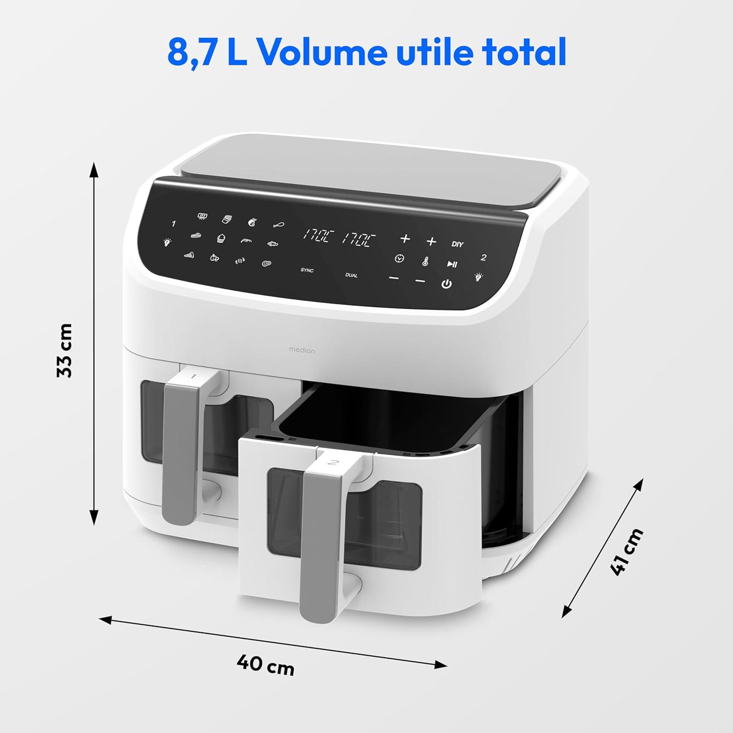imageMEDION Air Fryer P20 XXL Double Compartiment Fonction dual cook ampamp sync finish fentre visible friteuse sans huile air chaud capacit 87 L XXL 2600 W 9 programmes automatiques MD11760 blancBlanc Mat