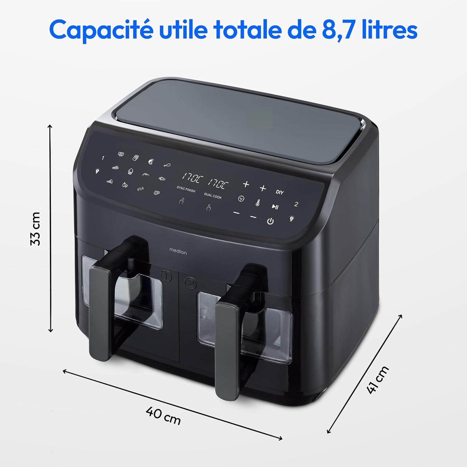 imageMEDION Air Fryer P20 XXL Double Compartiment Fonction dual cook ampamp sync finish fentre visible friteuse sans huile air chaud capacit 87 L XXL 2600 W 9 programmes automatiques MD11760 blancNoir