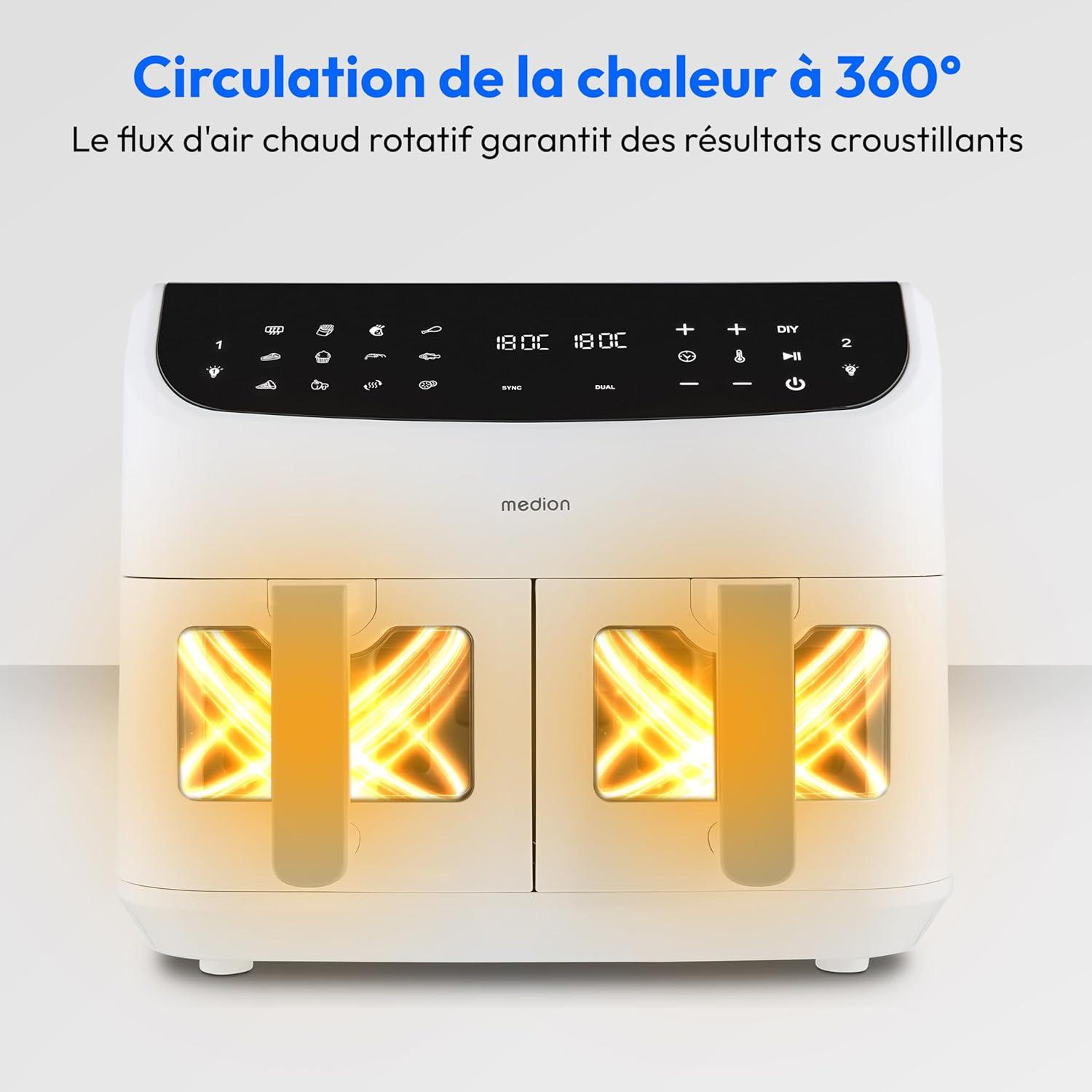 imageMEDION Air Fryer P20 XXL Double Compartiment Fonction dual cook ampamp sync finish fentre visible friteuse sans huile air chaud capacit 87 L XXL 2600 W 9 programmes automatiques MD11760 blancBlanc Mat