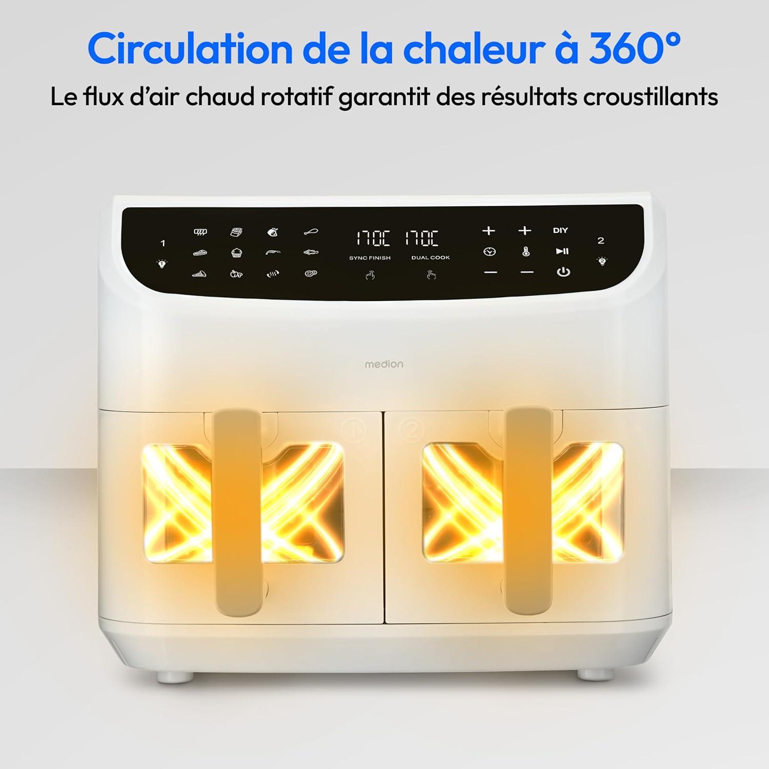 imageMEDION Air Fryer P20 XXL Double Compartiment Fonction dual cook ampamp sync finish fentre visible friteuse sans huile air chaud capacit 87 L XXL 2600 W 9 programmes automatiques MD11760 blancBlanc
