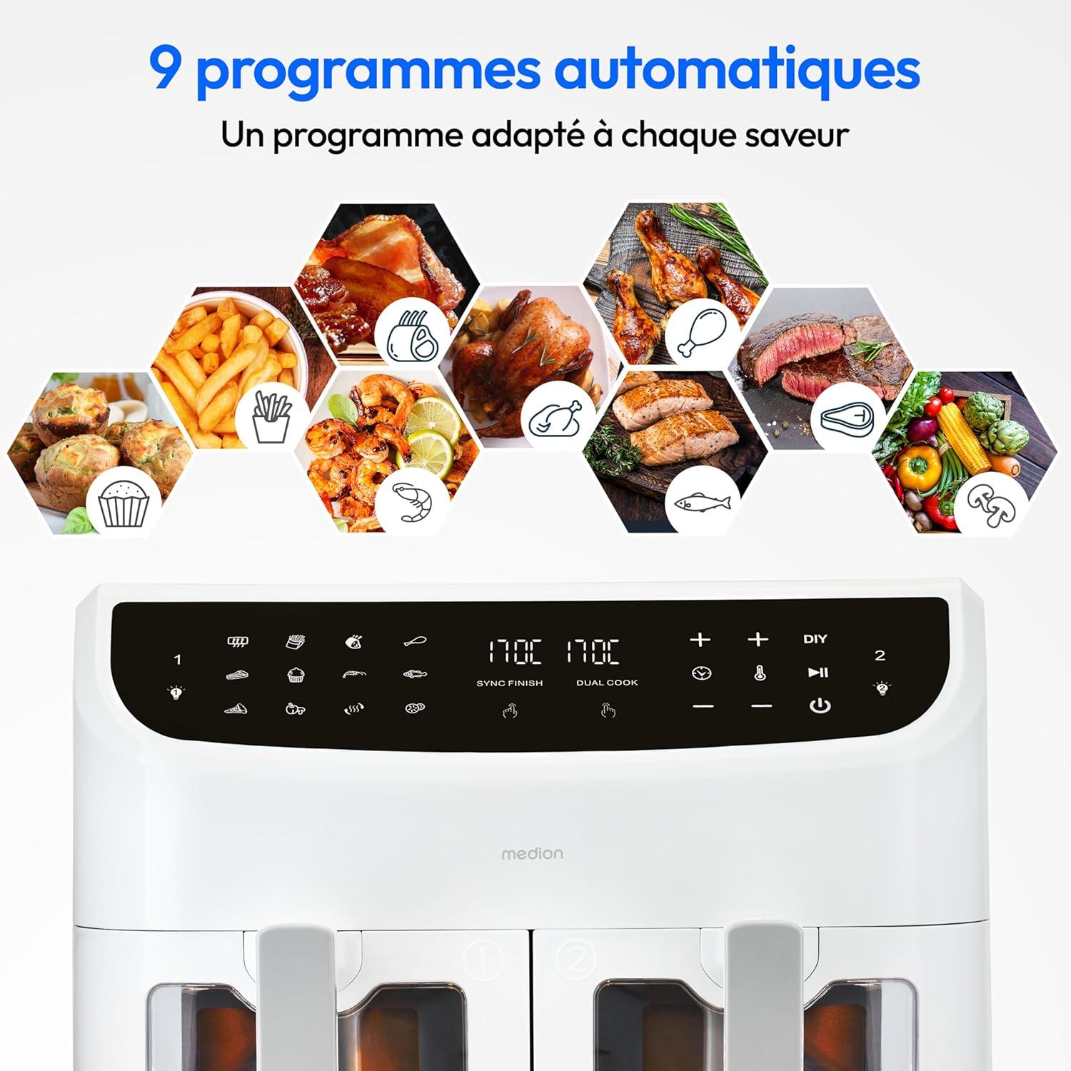imageMEDION Air Fryer P20 XXL Double Compartiment Fonction dual cook ampamp sync finish fentre visible friteuse sans huile air chaud capacit 87 L XXL 2600 W 9 programmes automatiques MD11760 blancBlanc