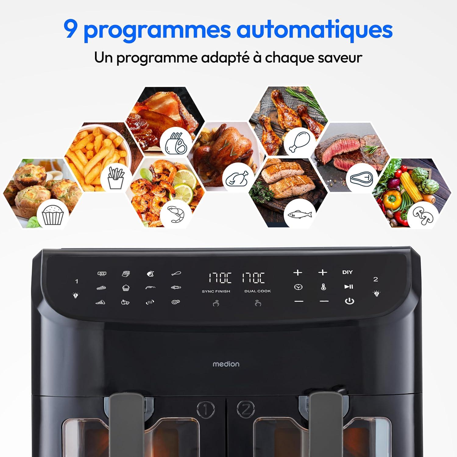 imageMEDION Air Fryer P20 XXL Double Compartiment Fonction dual cook ampamp sync finish fentre visible friteuse sans huile air chaud capacit 87 L XXL 2600 W 9 programmes automatiques MD11760 blancNoir