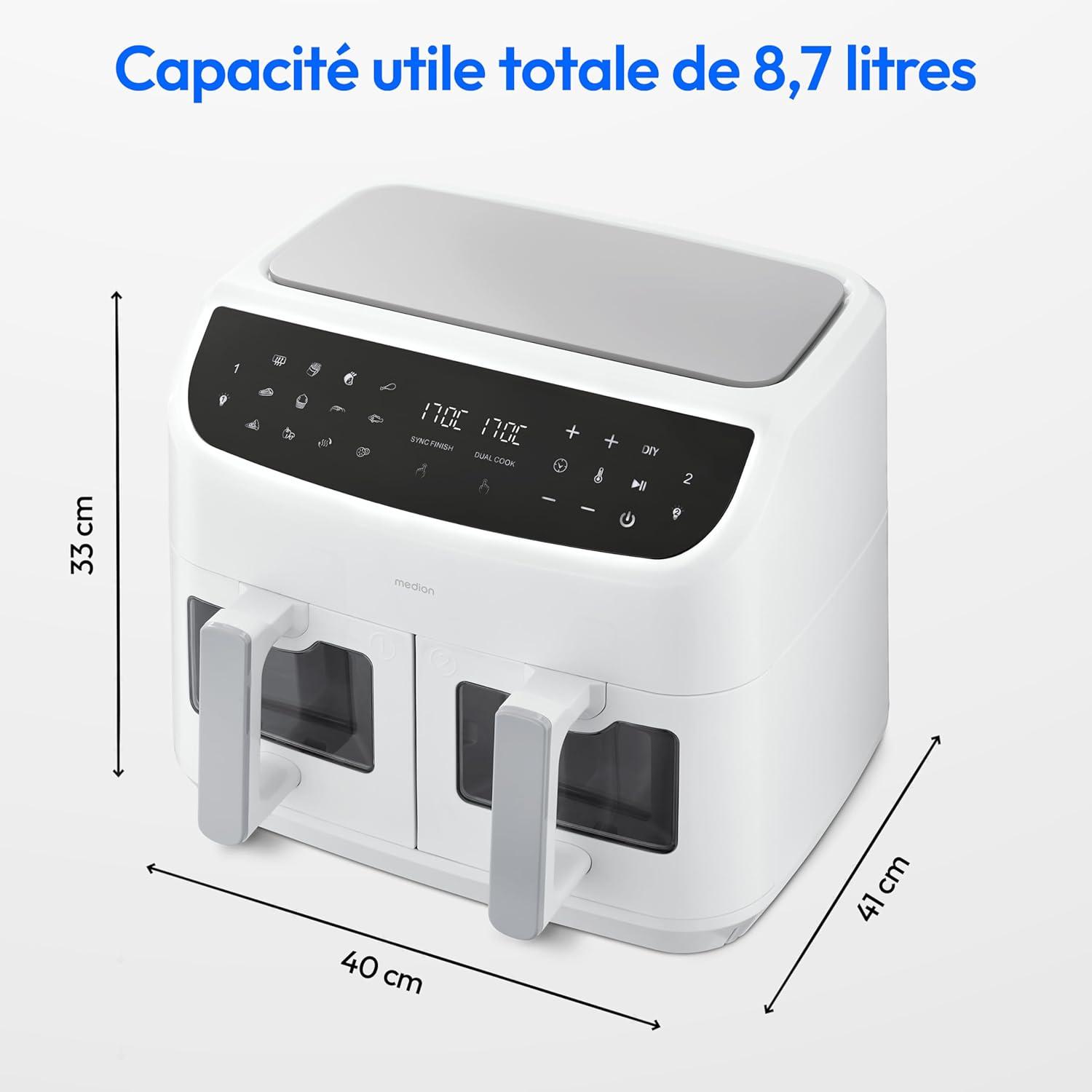 imageMEDION Air Fryer P20 XXL Double Compartiment Fonction dual cook ampamp sync finish fentre visible friteuse sans huile air chaud capacit 87 L XXL 2600 W 9 programmes automatiques MD11760 blancBlanc