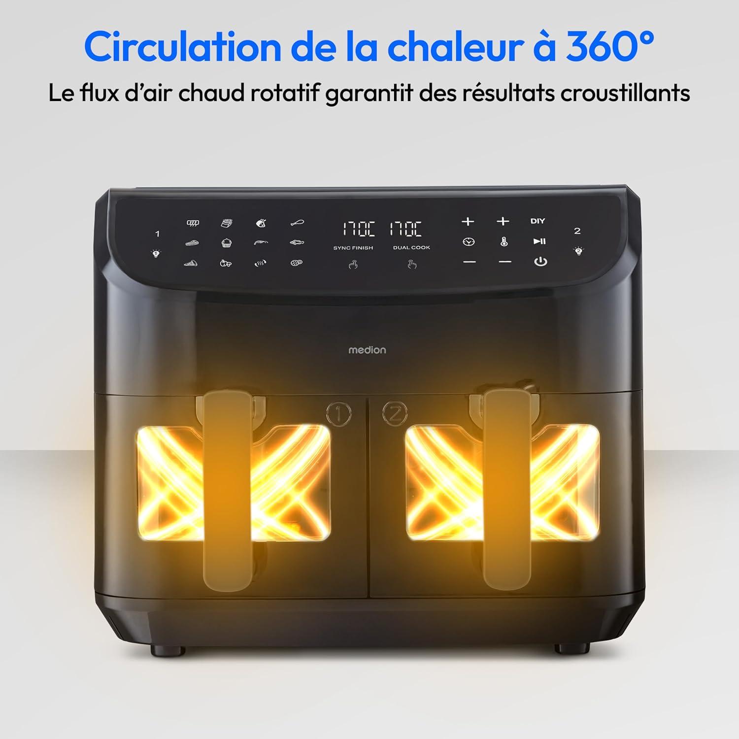 imageMEDION Air Fryer P20 XXL Double Compartiment Fonction dual cook ampamp sync finish fentre visible friteuse sans huile air chaud capacit 87 L XXL 2600 W 9 programmes automatiques MD11760 blancNoir