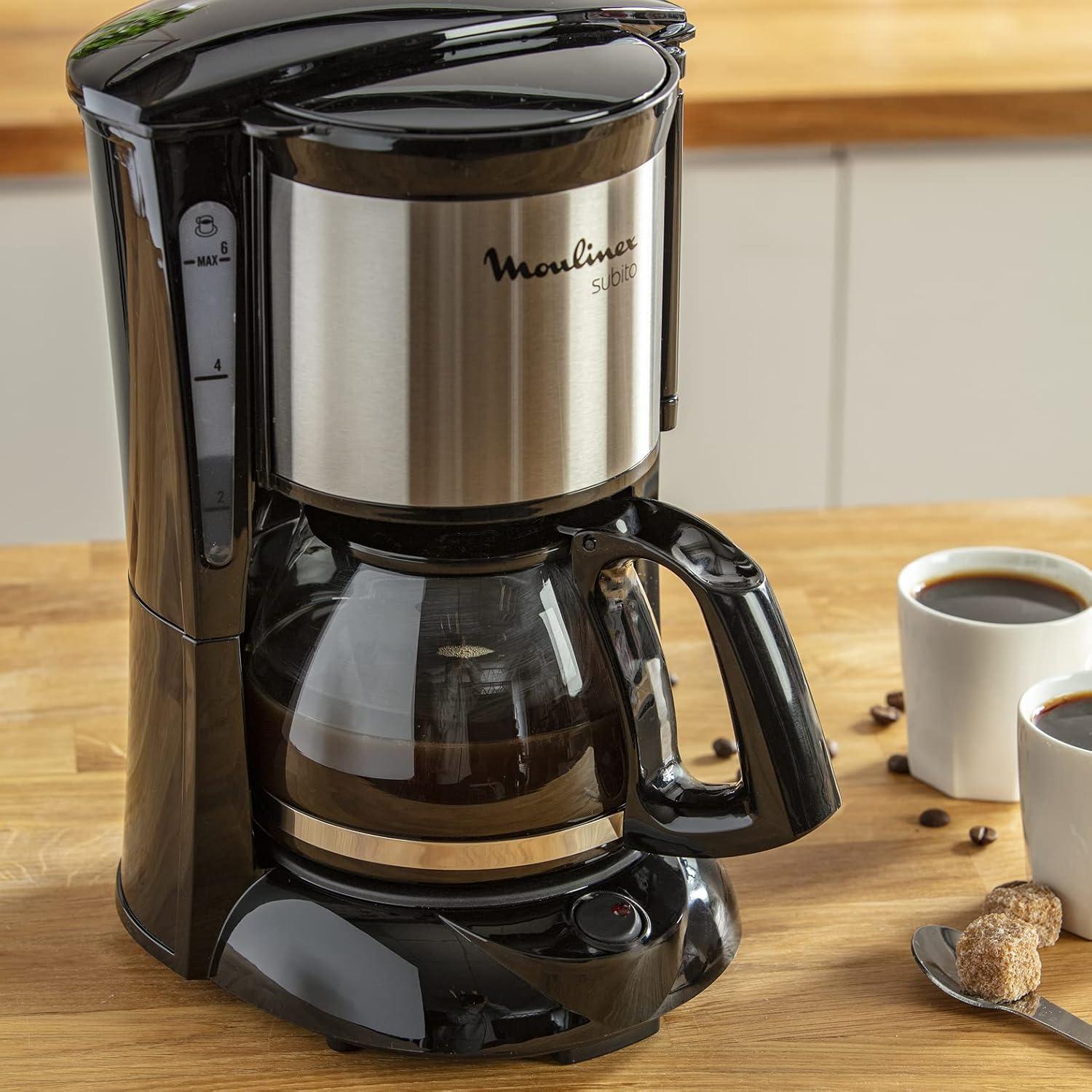 imageMoulinex Subito Cafetire filtre lectrique 06 L soit 6 tasses Machine caf Systme anti goutte Portefiltre pivotant Auto off 30 min FG150813 NoirInox