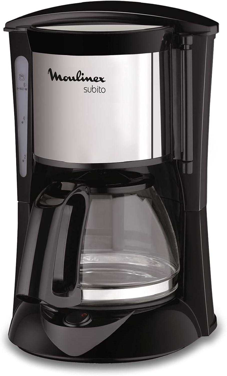 imageMoulinex Subito Cafetire filtre lectrique 06 L soit 6 tasses Machine caf Systme anti goutte Portefiltre pivotant Auto off 30 min FG150813 NoirInox