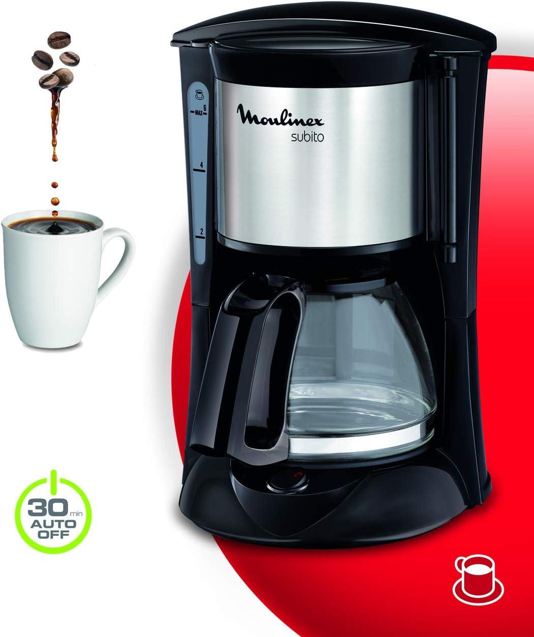 imageMoulinex Subito Cafetire filtre lectrique 06 L soit 6 tasses Machine caf Systme anti goutte Portefiltre pivotant Auto off 30 min FG150813 NoirInox