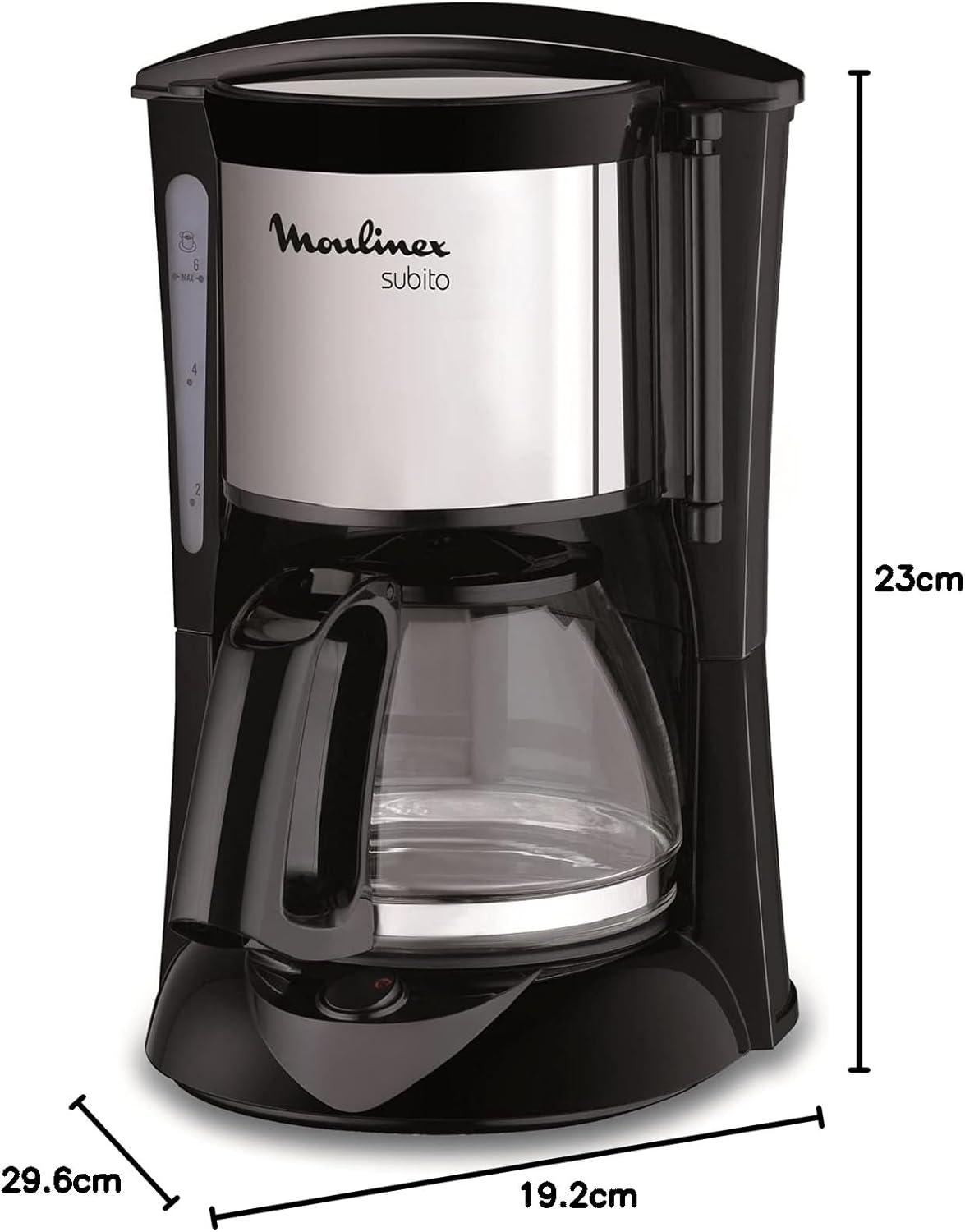 imageMoulinex Subito Cafetire filtre lectrique 06 L soit 6 tasses Machine caf Systme anti goutte Portefiltre pivotant Auto off 30 min FG150813 NoirInox