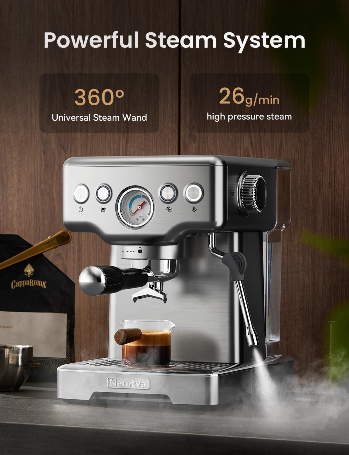 imageNeretva Machine a Cafe Cafetire Professionnelle Avec Manomtre Visible 1450W En Acier Inoxydable Capacit de 18L ampamp Mousseur de Lait ampamp 15 Bar Machine Expresso Domestique ExpressoLattaCappuccinoArgent