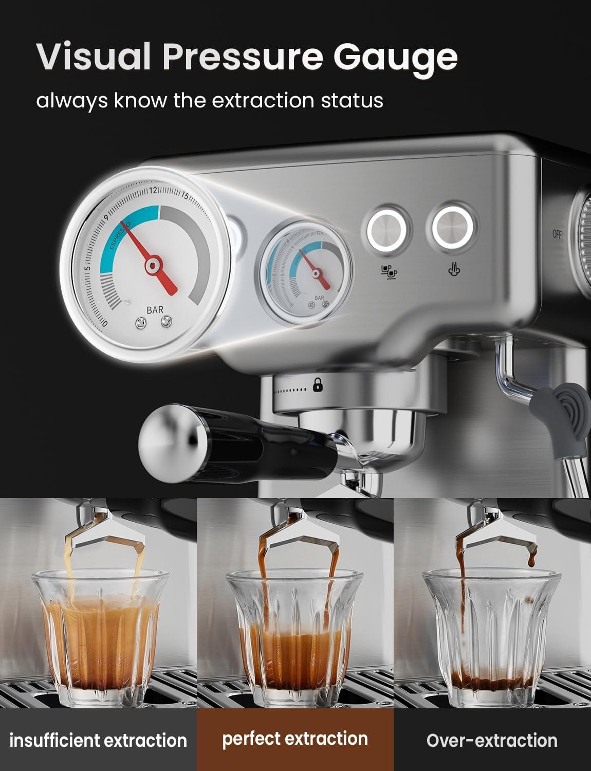 imageNeretva Machine a Cafe Cafetire Professionnelle Avec Manomtre Visible 1450W En Acier Inoxydable Capacit de 18L ampamp Mousseur de Lait ampamp 15 Bar Machine Expresso Domestique ExpressoLattaCappuccinoArgent