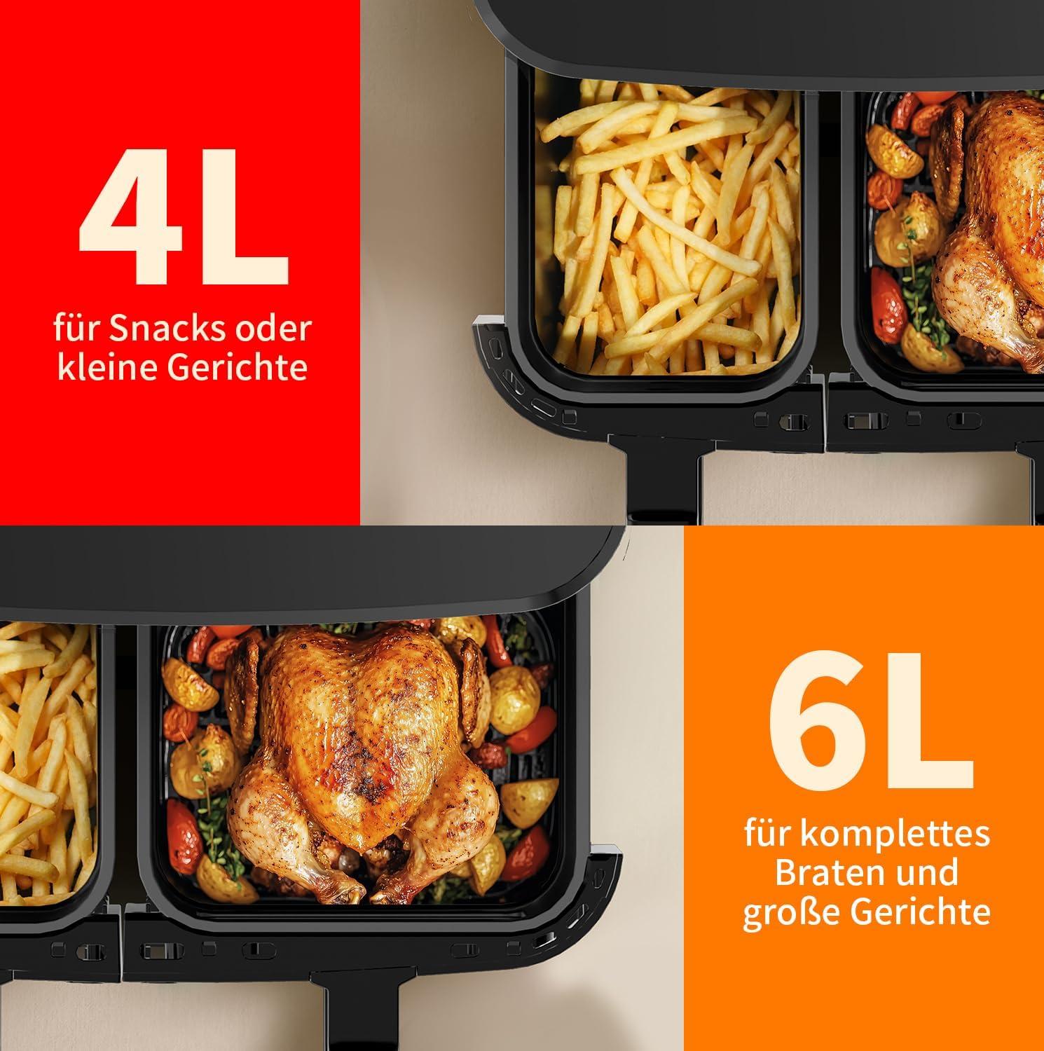 imageTOKIT Friteuse Air Double Panier 10 L 4 L X 6 L XXL Double Zone Air Fryer 12 En 1 Programmes De Cuisson Friteuse sans Huile avec 2 Tiroir Friteuses AirD1