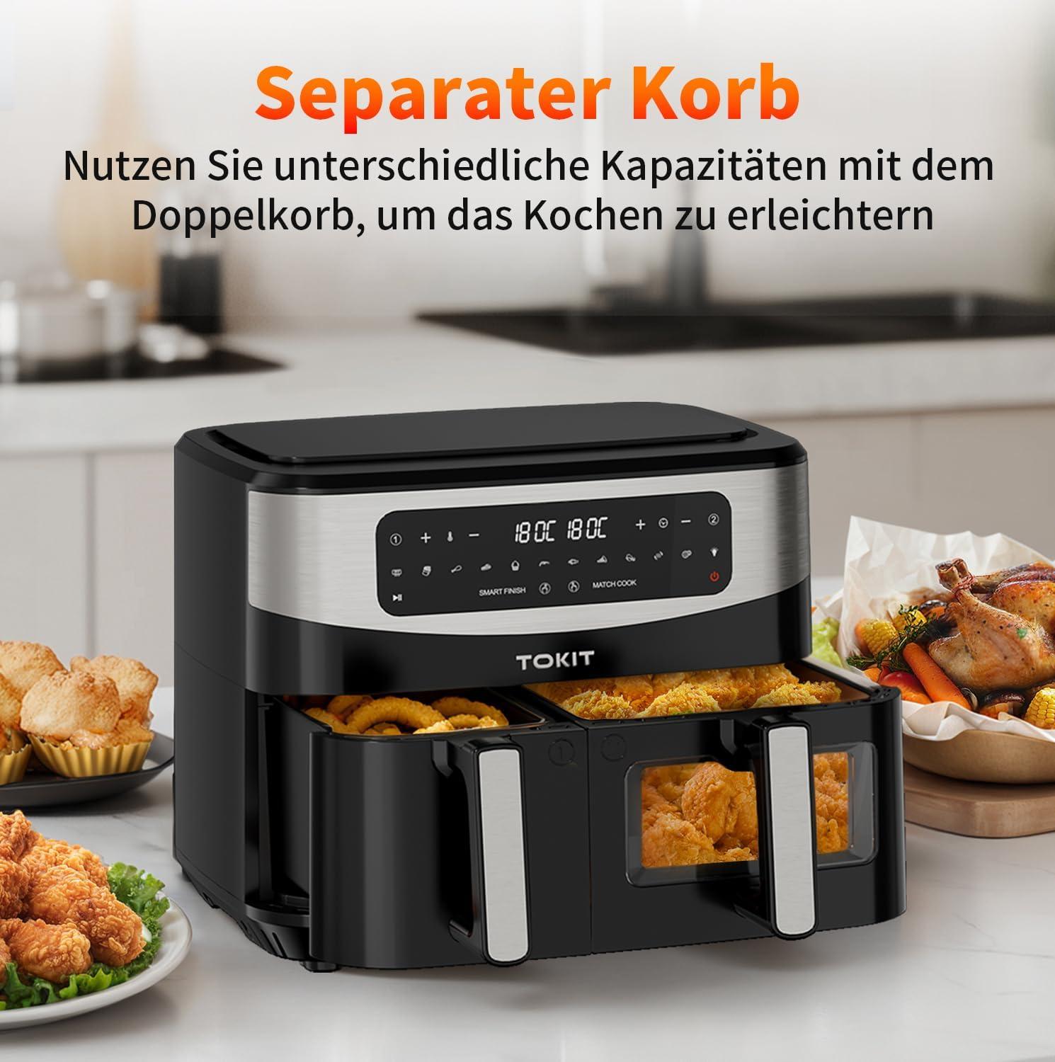 imageTOKIT Friteuse Air Double Panier 10 L 4 L X 6 L XXL Double Zone Air Fryer 12 En 1 Programmes De Cuisson Friteuse sans Huile avec 2 Tiroir Friteuses AirD1