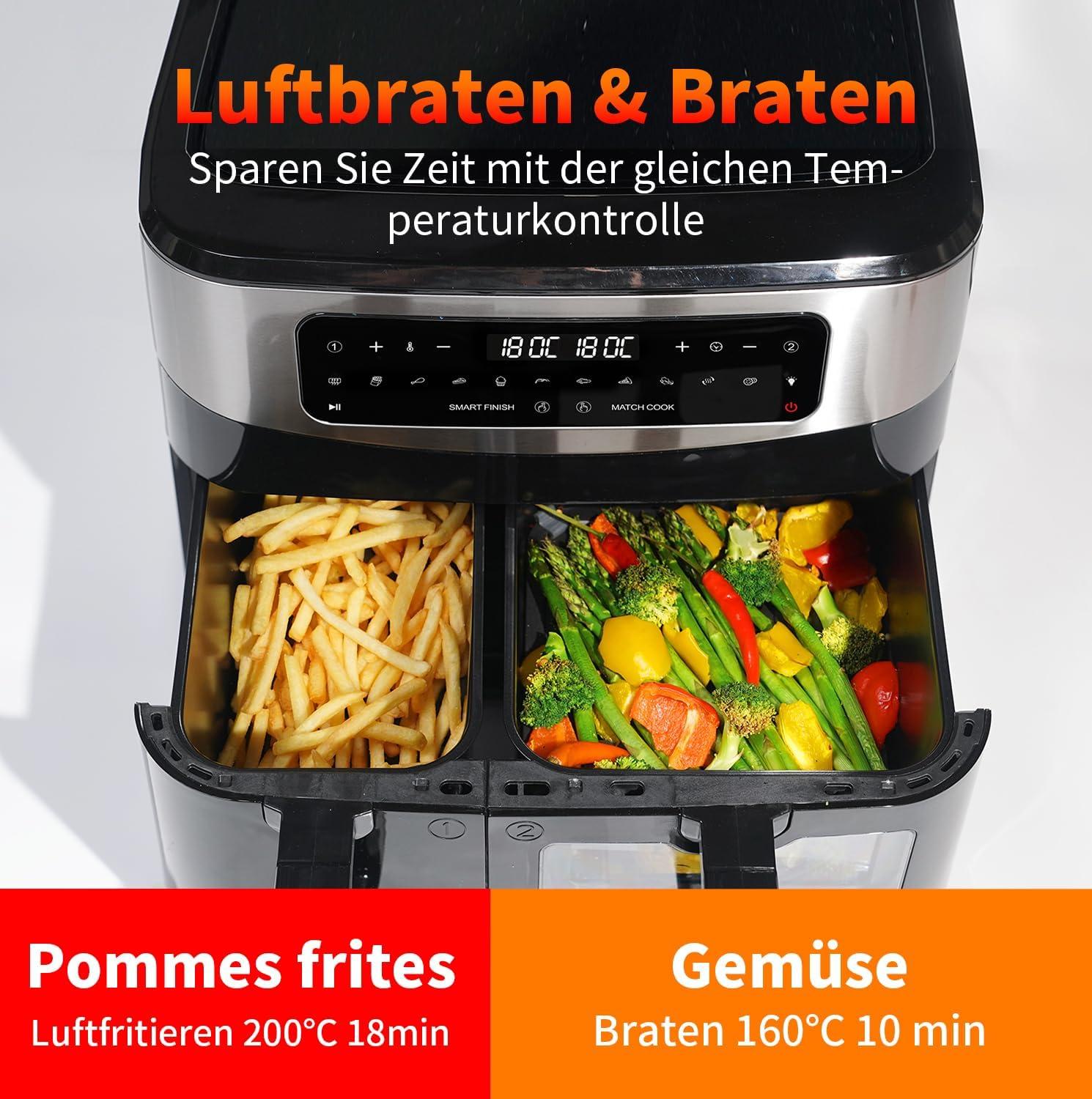 imageTOKIT Friteuse Air Double Panier 10 L 4 L X 6 L XXL Double Zone Air Fryer 12 En 1 Programmes De Cuisson Friteuse sans Huile avec 2 Tiroir Friteuses AirD1