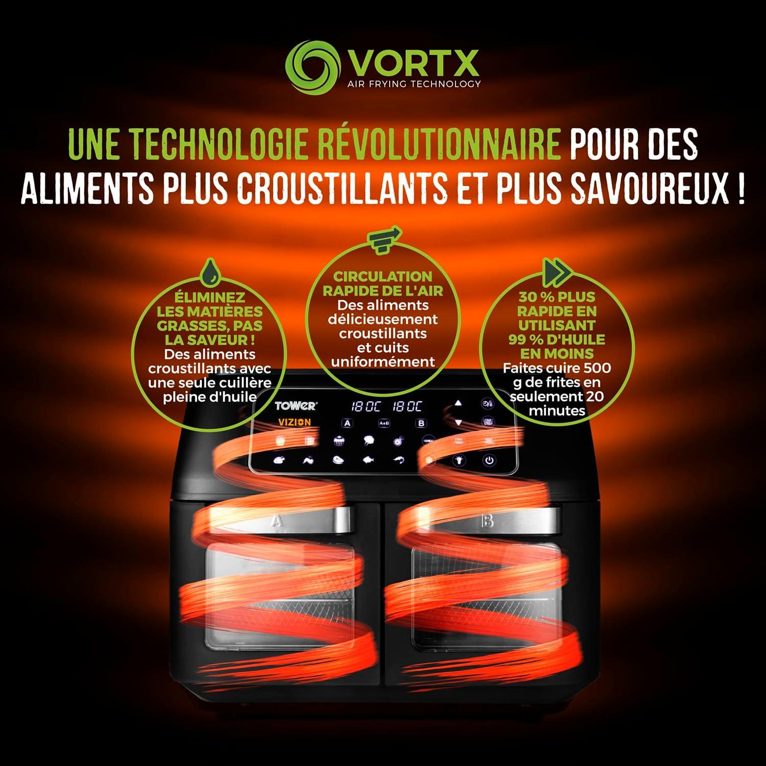 imageTower T17102 Vortx Vizion Air Fryer Double Compartiment Friteuse Avec cran Tactile Numrique 11 L NoirFriteuse air double four Vizion 11 L