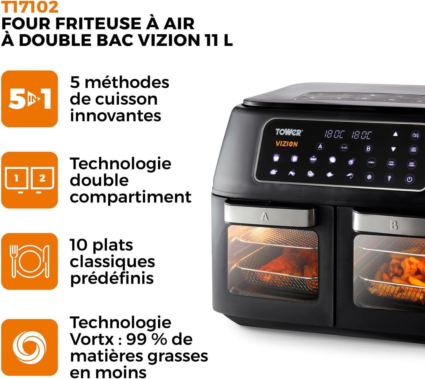 imageTower T17102 Vortx Vizion Air Fryer Double Compartiment Friteuse Avec cran Tactile Numrique 11 L NoirFriteuse air double four Vizion 11 L