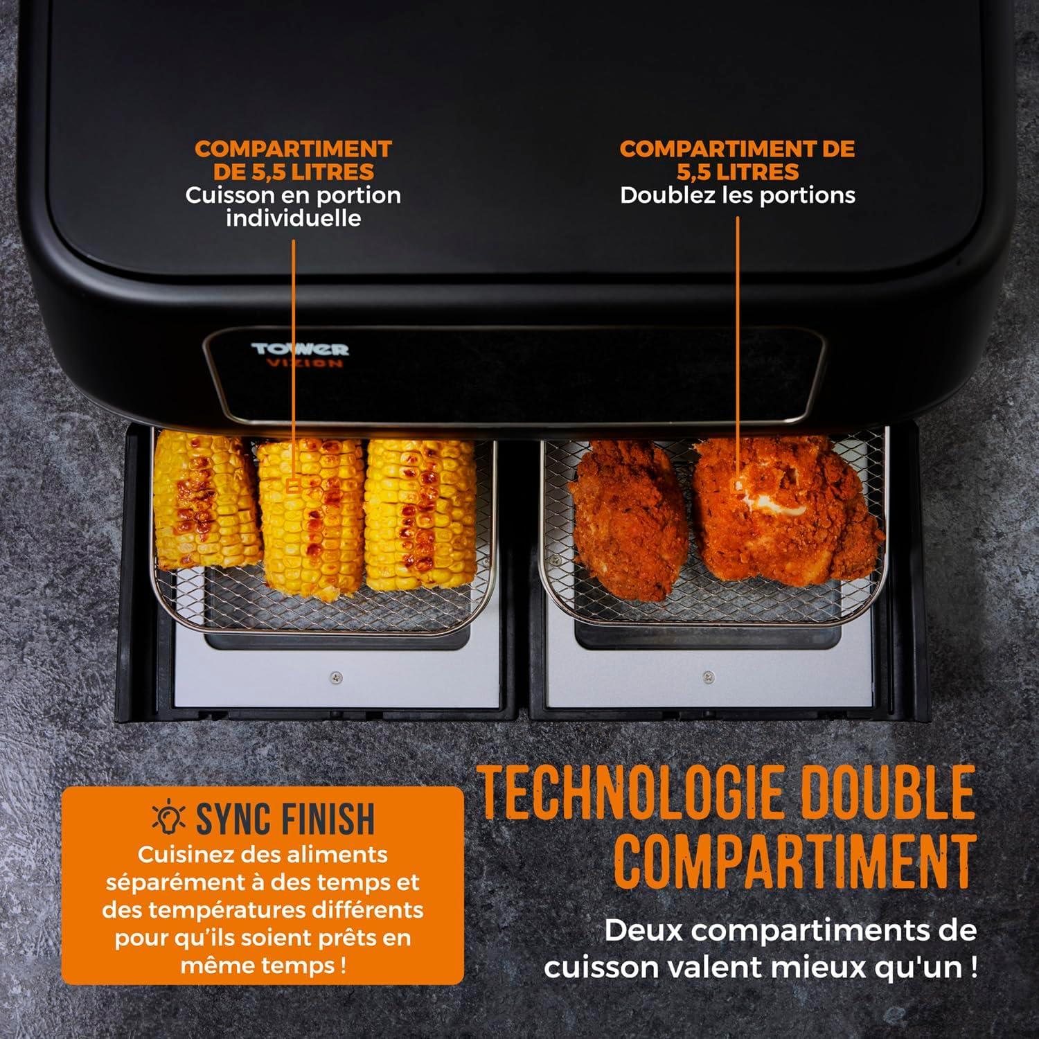 imageTower T17102 Vortx Vizion Air Fryer Double Compartiment Friteuse Avec cran Tactile Numrique 11 L NoirFriteuse air double four Vizion 11 L